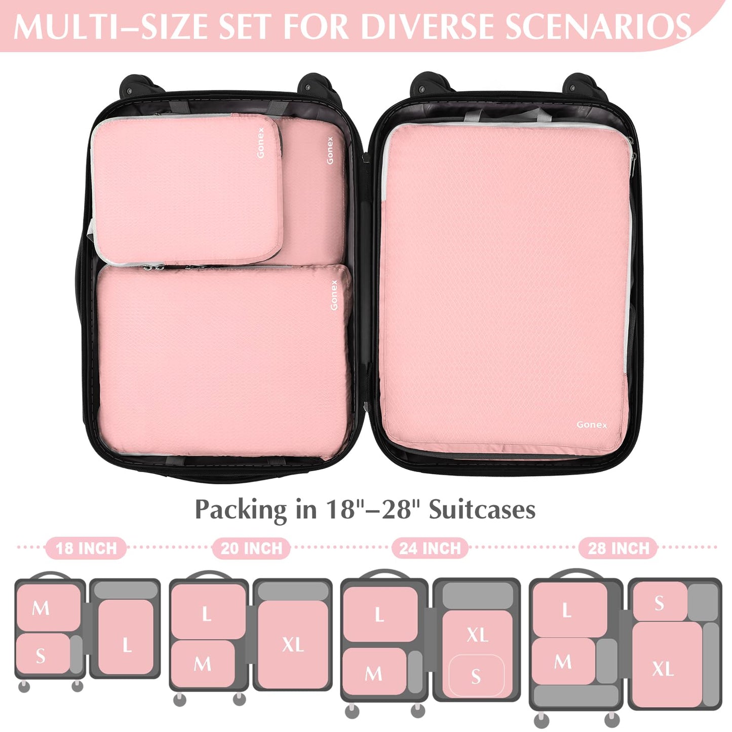 Gonex Compression Packing Cubes, 4pcs Expandable Storage Travel Luggage Bags Organizers (Pink)