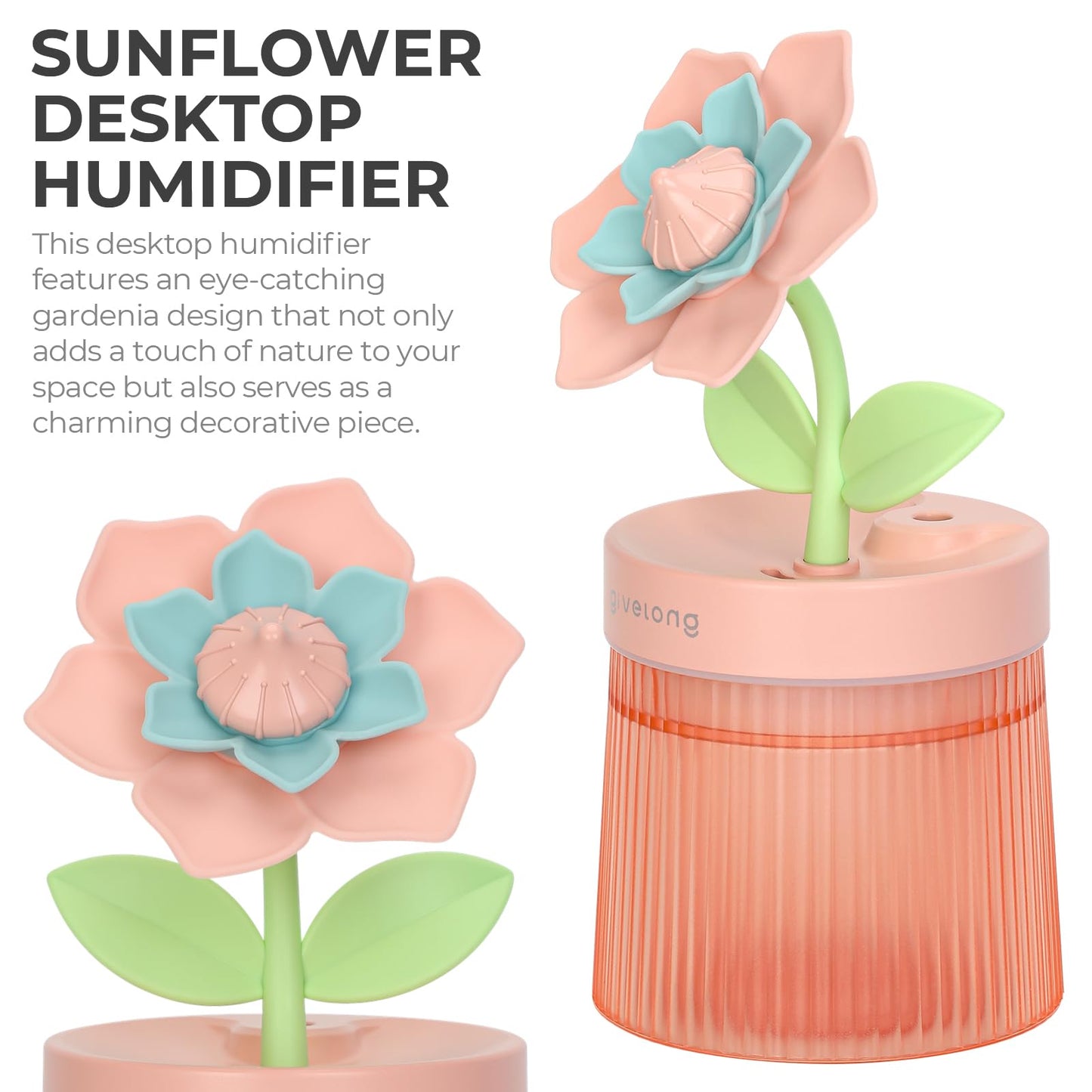 Gardenia Desktop Humidifier for Bedroom, Quiet Cool Mist Humidifier with Diffuser and LED Night Light, Auto Shut-Off, 260 ML Portable Humidifier for Car Outdoor Home Indoor Nursery Plants (Pink)