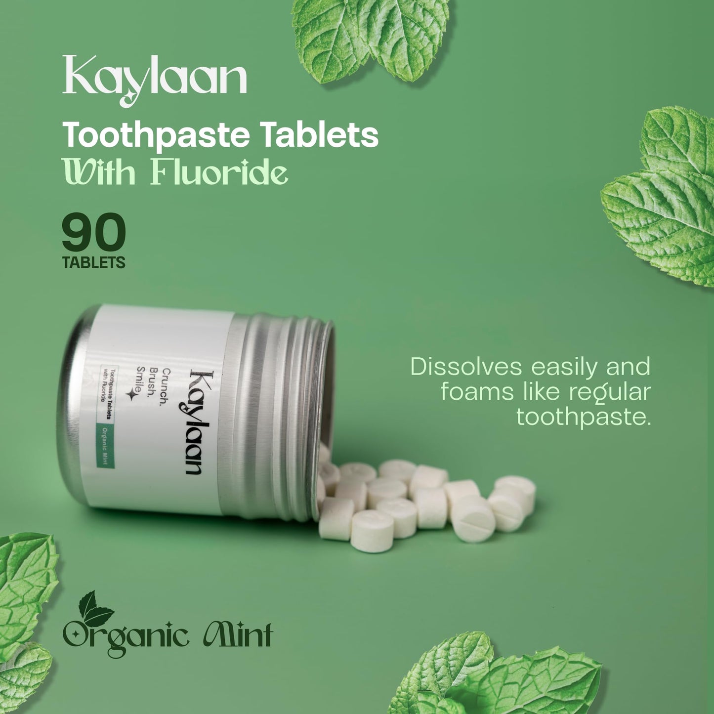 Kaylaan Toothpaste Tablets with Fluoride & Xylitol | Whitening, Sensitivity Relief & Enamel Remineralization | Chewable, Plastic-Free, Travel-Friendly - Mint, 180 Count (2 x 90), Made in USA