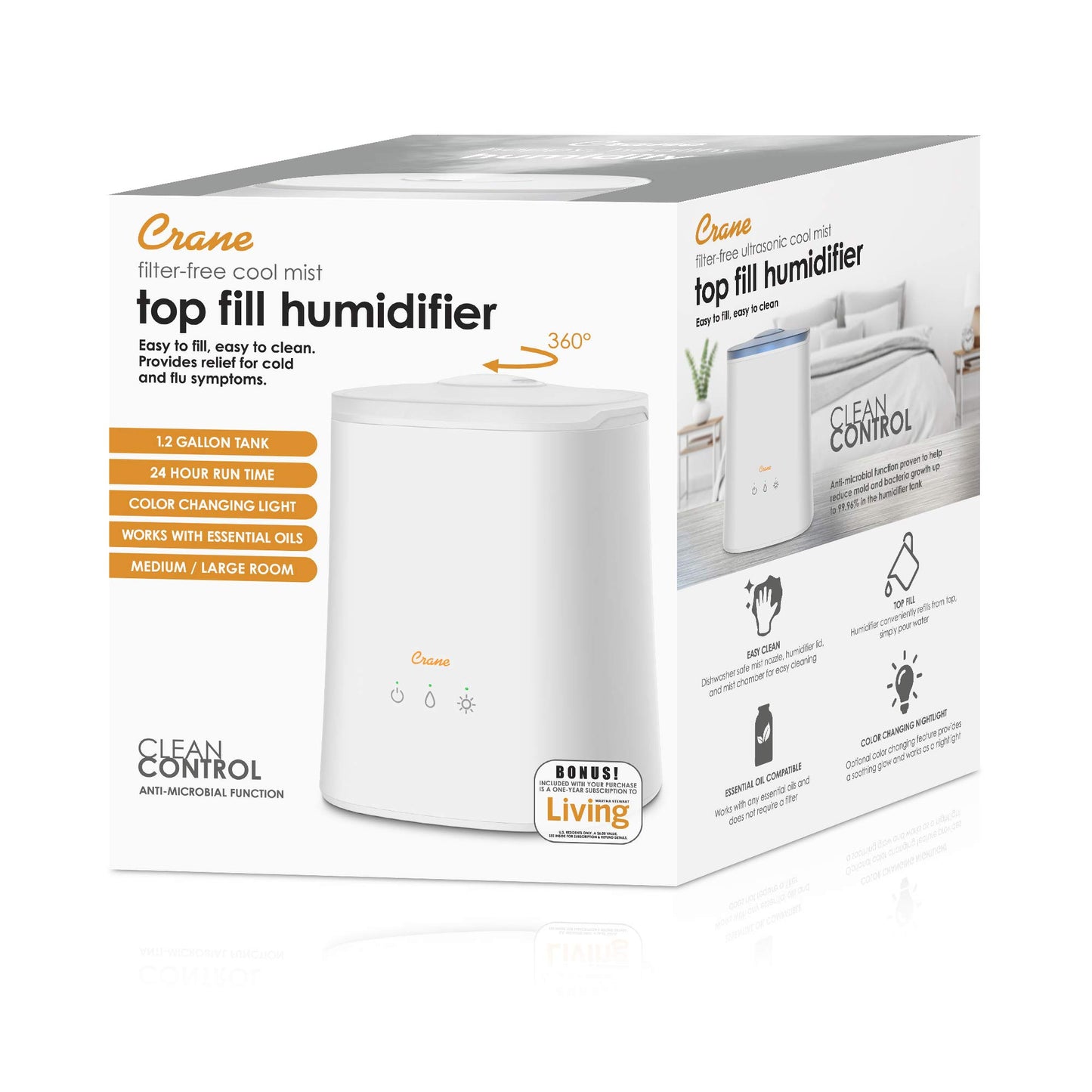 Crane Top Fill Ultrasonic Cool Mist Humidifier for Bedroom and Large Rooms, 1.2 Gallon Essential Oil Diffuser with Nightlight and Auto Shut-Off