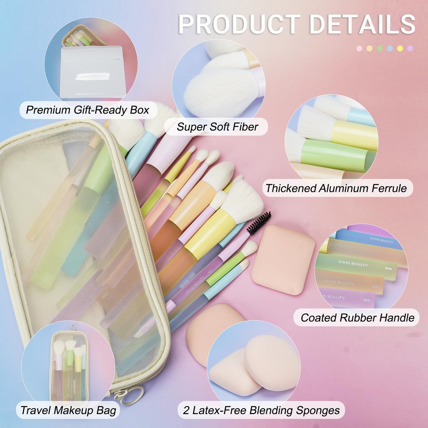 Makeup Brushes, 18Pcs Makeup Brush Set with 2 Sponges & Travel Bag, Colorful Make Up Brushes for Foundation Powder Blush Blending Eyeshadow, Soft Synthetic Fiber, Rubber Handle, Face & Eye Brush Kit