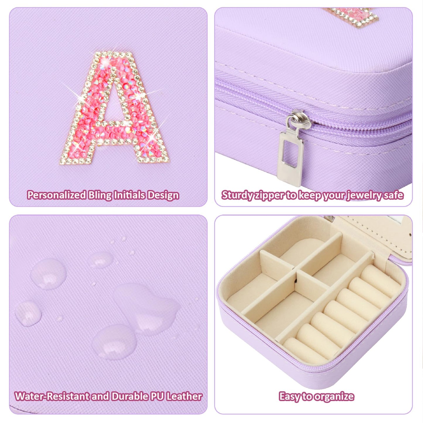 Nuozme Bling Sparkly Initial Jewelry Case,Personalized Gifts for Teen Girls,Kids,Women,Brides, Bridesmaids, Glitter Rhinestone Travel Jewelry Box,Easter Birthday Christmas Gifts, Small Size (Purple A)