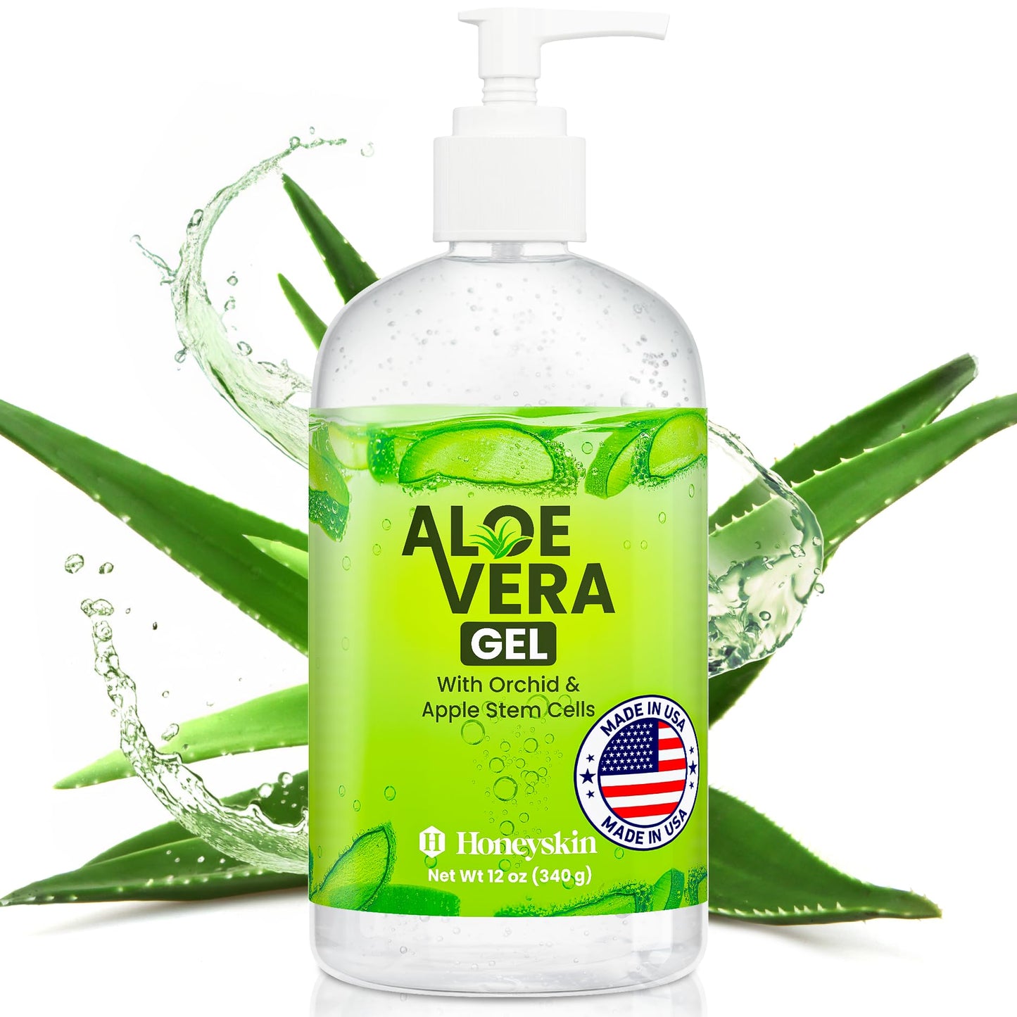 Honeyskin Organic Aloe Vera Gel for Face with Orchid & Apple Stem Cells - Soothing & Hydrating Aloe Gel for Sunburn Relief & After Sun Care - 100% Aloe Vera Gel for Hair, Face & Body (12 Fl Oz)