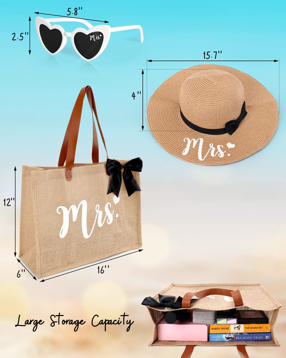 Percozzi Mrs. Tote Bag Sun Hat Glasses Set Bride-To-Be Bridal Shower Gift with Cute Heart Basket for Bride Wifey Honeymoon Jute Tote Bag Kit Summer Beach Present for Friend Set of 3