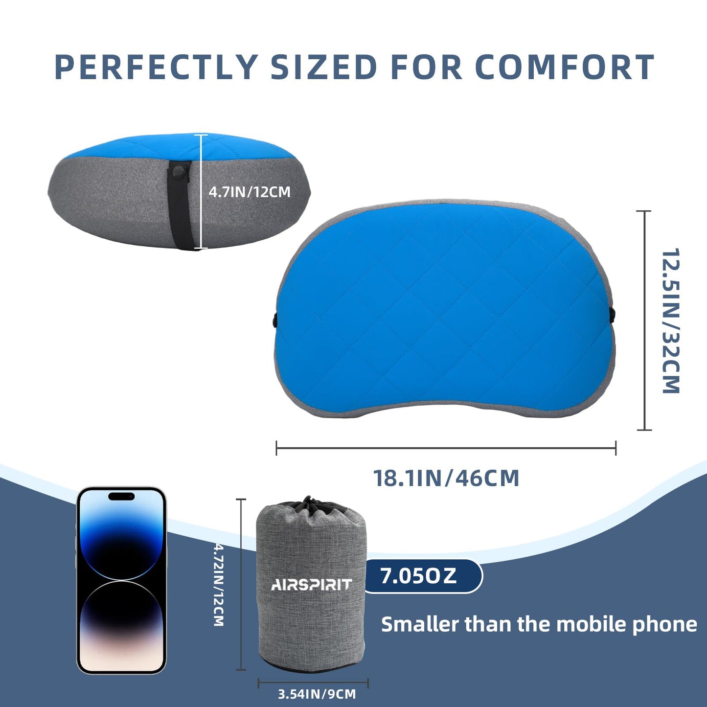 AIRSPIRIT Ultralight Camping Pillow Inflatable with Removable Washable Cover, Compact Travel Pillow for Neck Support, Hiking, Backpacking, Office, Airplane, Car & Beach - Adjustable Firmness (Blue)