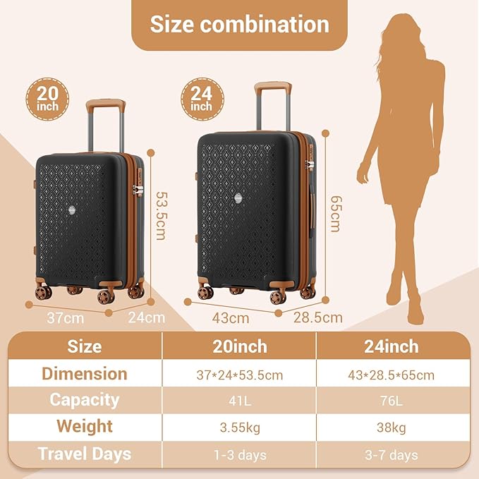 Kono Expandable 24 Inch Hard Shell Travel Luggage, Large capacity for easy travel, Hidden Cup Holder & TSA Lock Lightweight Suitcase - Black/Brown