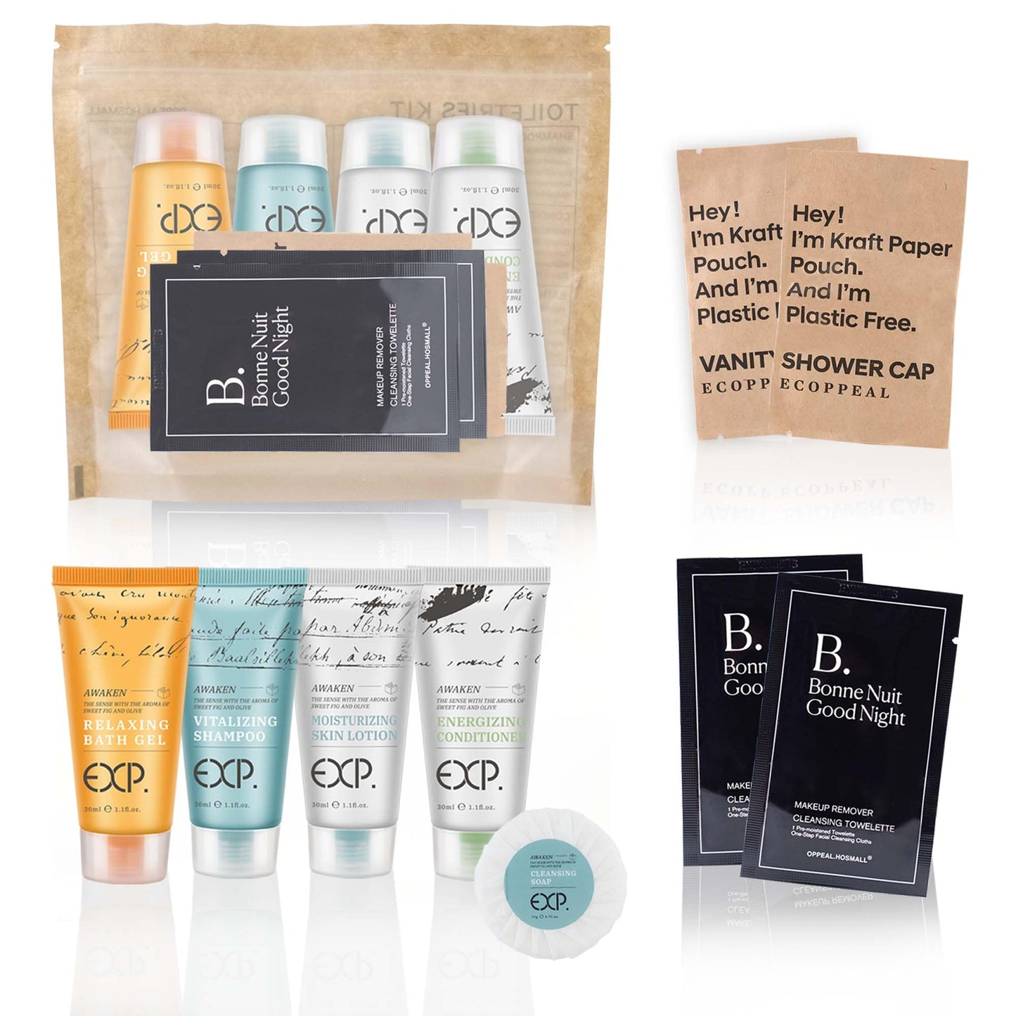 Guestsupply Kits 8-Piece with Travel Size TSA Compliant Essentials, Featuring: Shampoo Conditioner Shower Gel Body Lotion Soap bar Shower Cap Makeup Removers in Sealable Bag. 30 Disposable Toiletries.