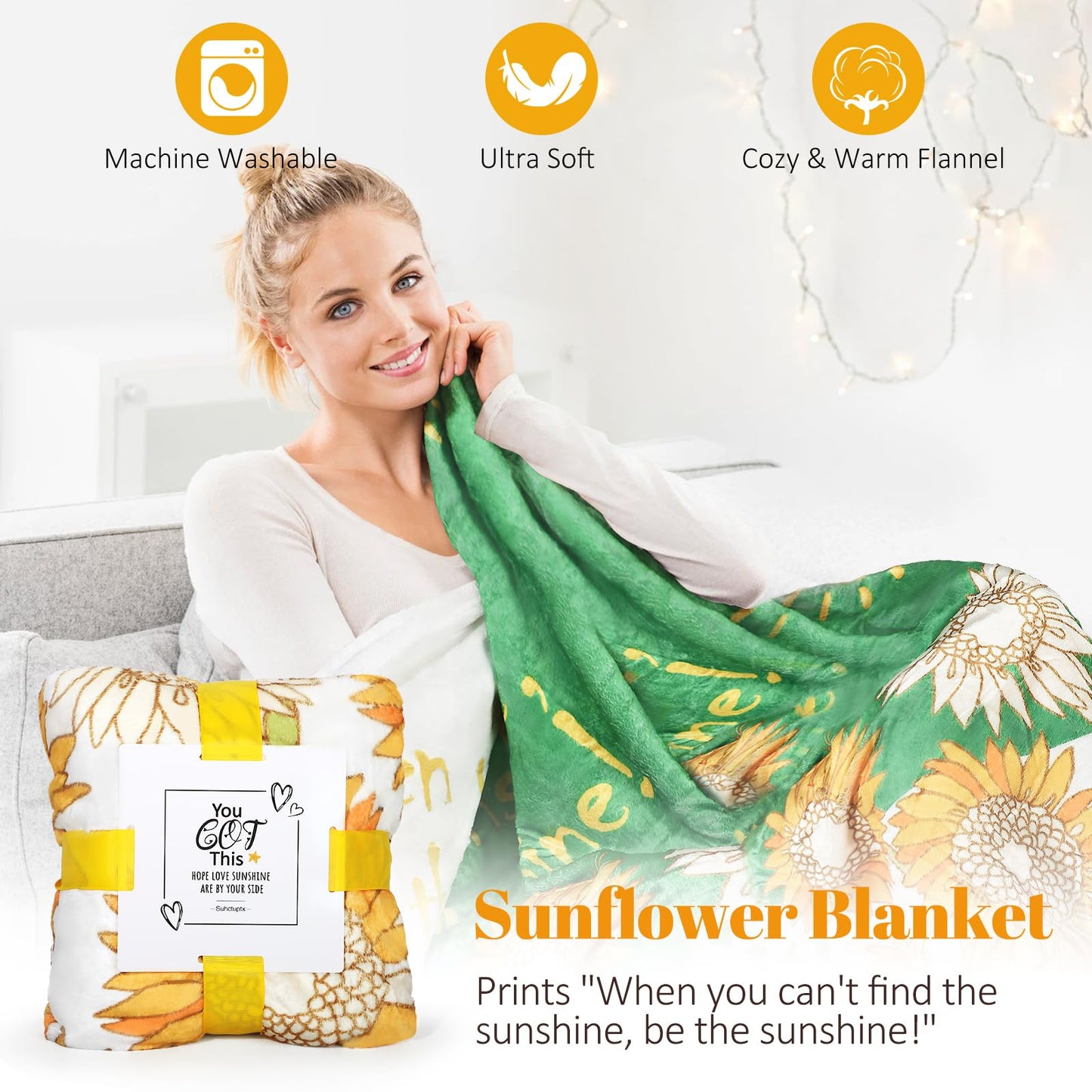 Sunflower Gifts for Women - 15 pcs Unique Birthday and Basket, Get Well Soon Care Package, Inspirational Box for Her, Mom, Sister, Best Friends (Yellow)