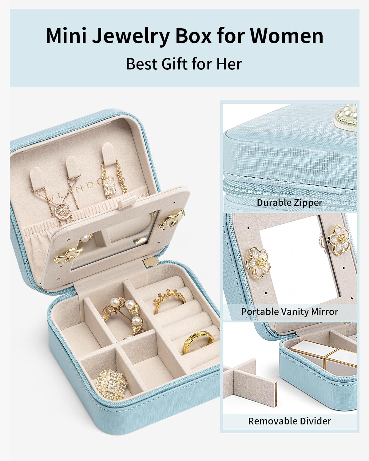 Vlando Jewelry Box for Girls Women, Initial Organizer Case, Travel Must Haves, Necklace Earrings Ring Box, Gifts for Sister Daughters - Letter S, Blue