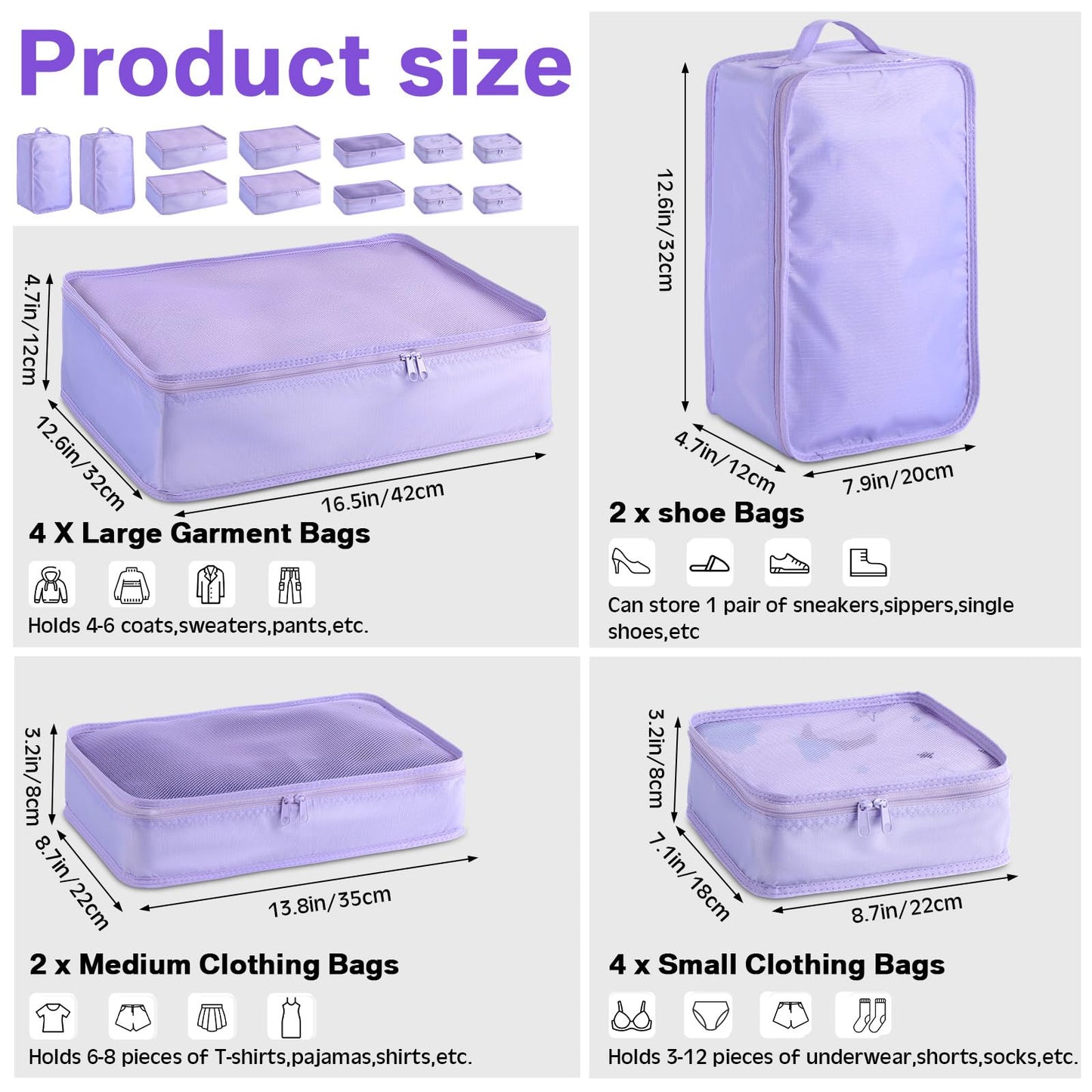 Reginary 2 Packs 6 Set Travel Packing Cubes Luggage Organizer Set Lightweight Suitcase with Shoe Bag for Clothes Toiletries (Purple)