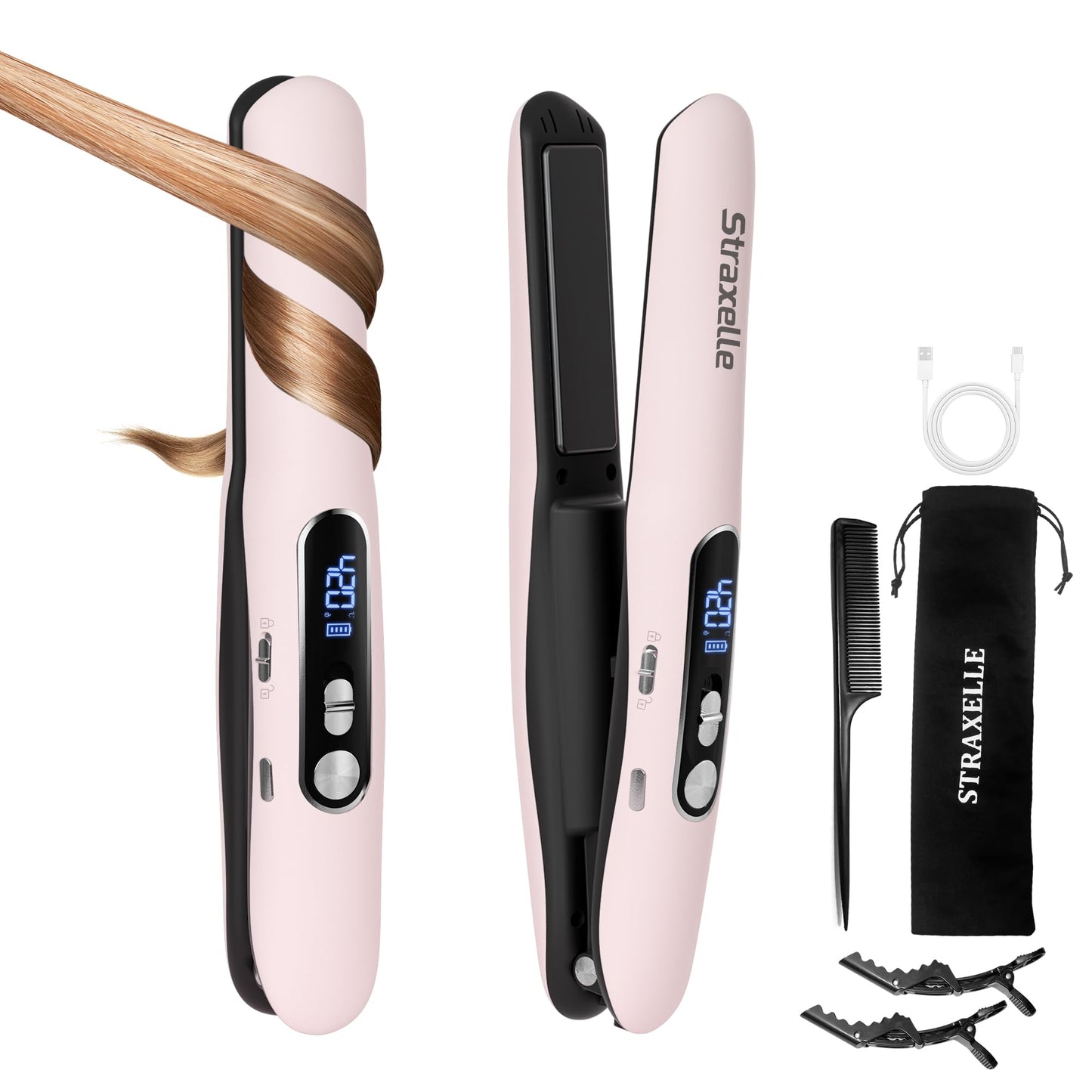 Mini Cordless Hair Straightener and Curler 2 in 1, Mini Portable Flat Iron Adjustable 350°F-420°F Travel Hair Straighteners LED Display/5000mAh Ceramic Flat Iron Hair Straightener for Women Men(Pink)