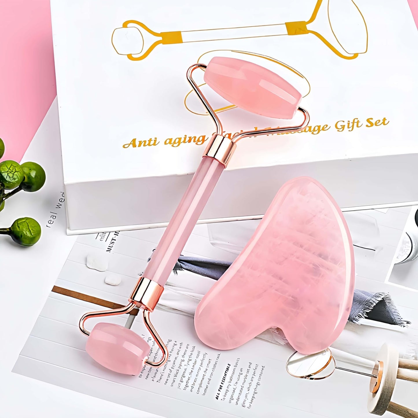 Bolithui Jade Roller Massage Stick & Gua Sha Set - 100% Natural Stone Facial Massage Tools for Lymphatic Drainage, Anti-Puffiness & Glowing Skin, Spa-Quality Skincare, Gift-Ready Packaging
