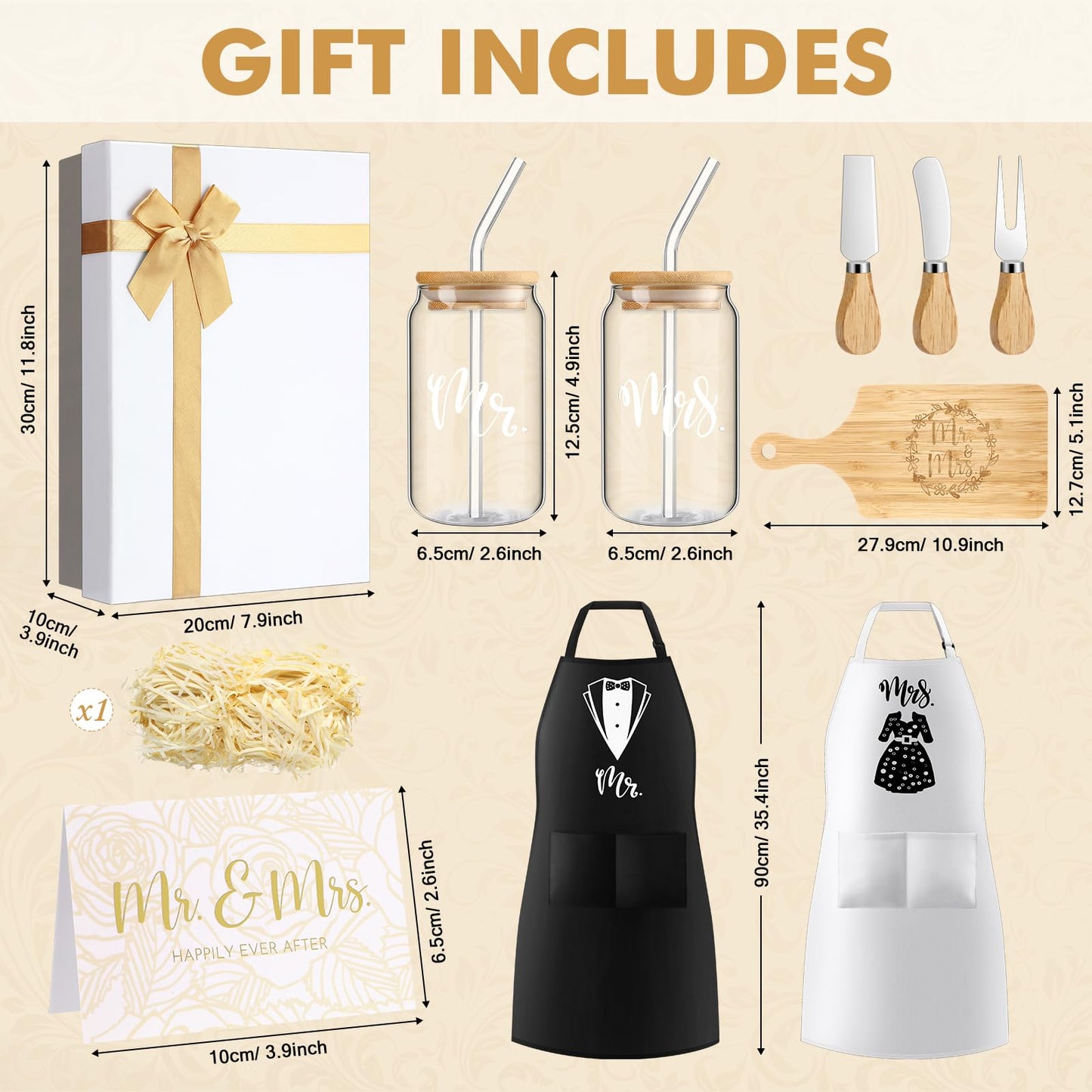 Singhoow 12 Pcs Wedding Gifts for Couples Mr Mrs Glass Cups Aprons Charcuterie Board Candle Butter Knife Box Set for Bridal Shower Engagement Anniversary Newlywed Bride Groom His and Her