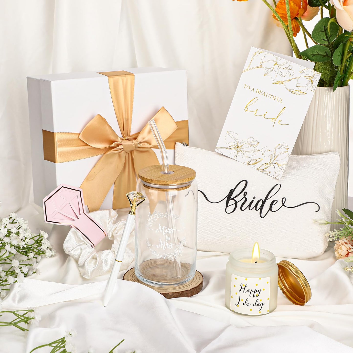 7 Pcs Bride Gifts Bridal Shower Gift Including Mrs Can Shaped Drinking Glass with Straw Bride Makeup Bag Crystal Pen Scented Candle Scrunchies Raffia Wedding Card Gift Box for Bridal Shower (White)