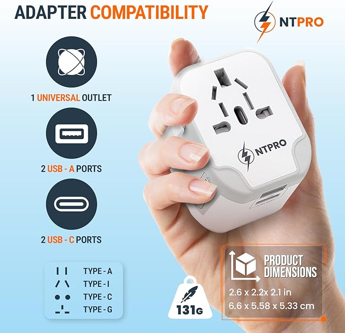 5 in 1 Universal Travel Adapter-10A | International Power Adapter with 2 USB C, 2 USB A Ports | 3.4A & 2400W Fast Portable Charger | Travel Adapter Worldwide Covering 200+ Countries- White