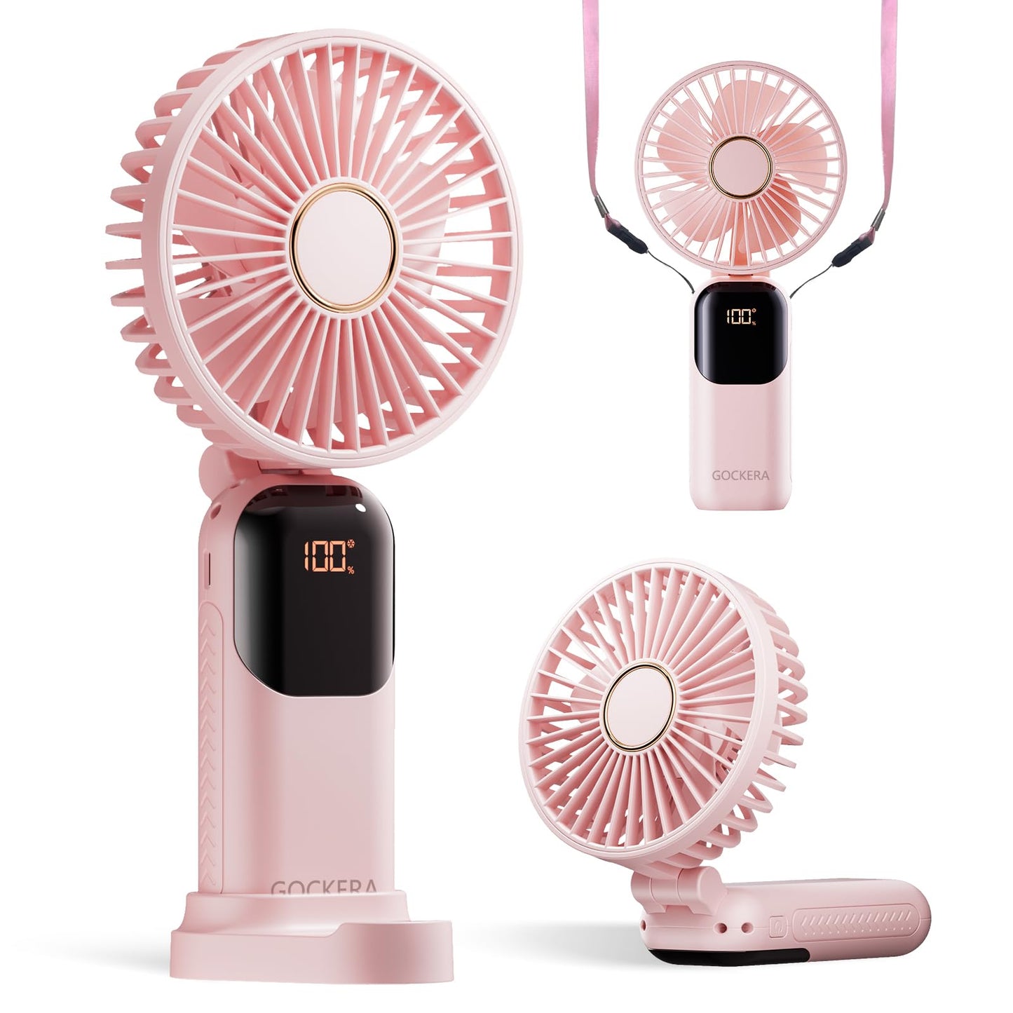 GOCKERA Portable Fan, 4200mAh Battery Operated Fan, 5 Speeds&Digital Display, Makeup Fans for Women with Base, 180°Foldable 3in1 Handheld/Neck/Desk Fan for Outdoor Indoor,Ultra Quiet (Pink)