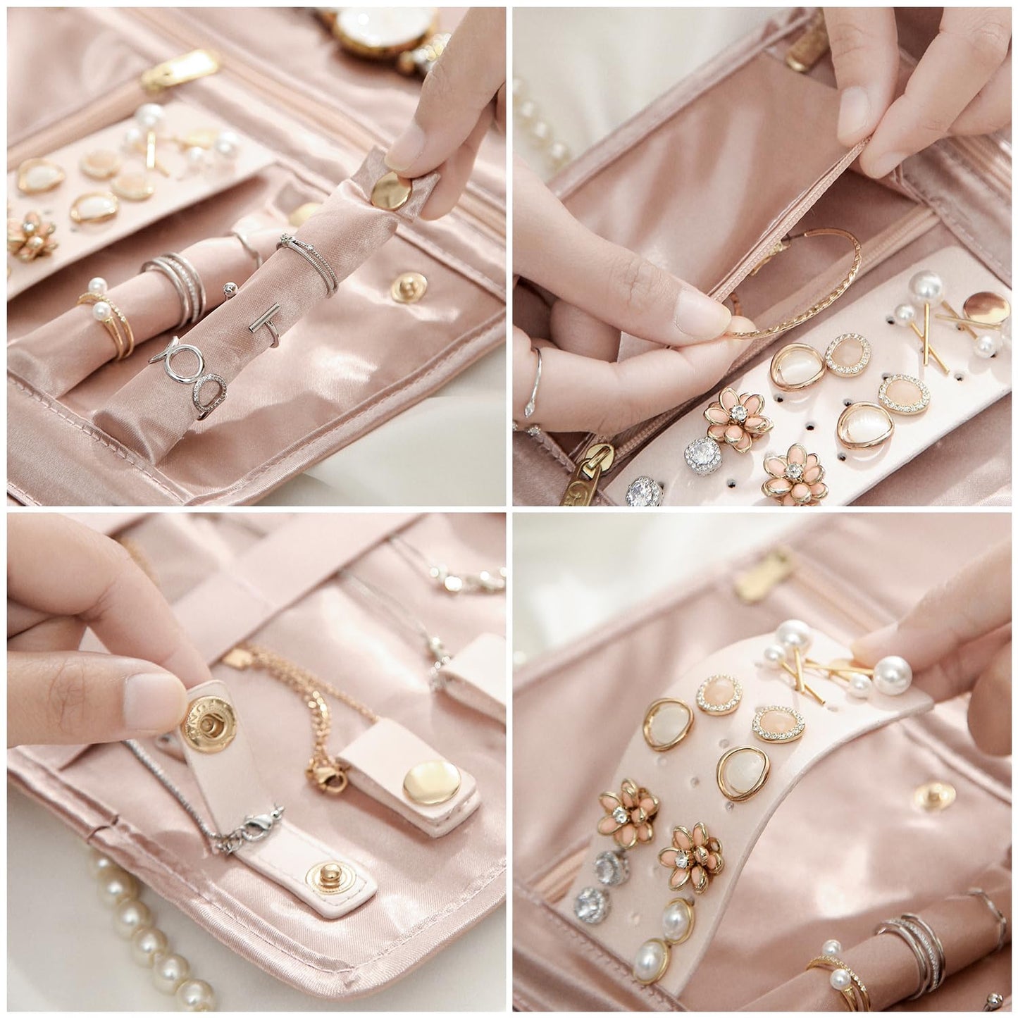 TxufrDo Travel Jewelry Case Organizer Roll Foldable Jewelry Case for Journey-Rings Necklaces Earrings Bracelets Brooches Portable Travel Essentials Pink