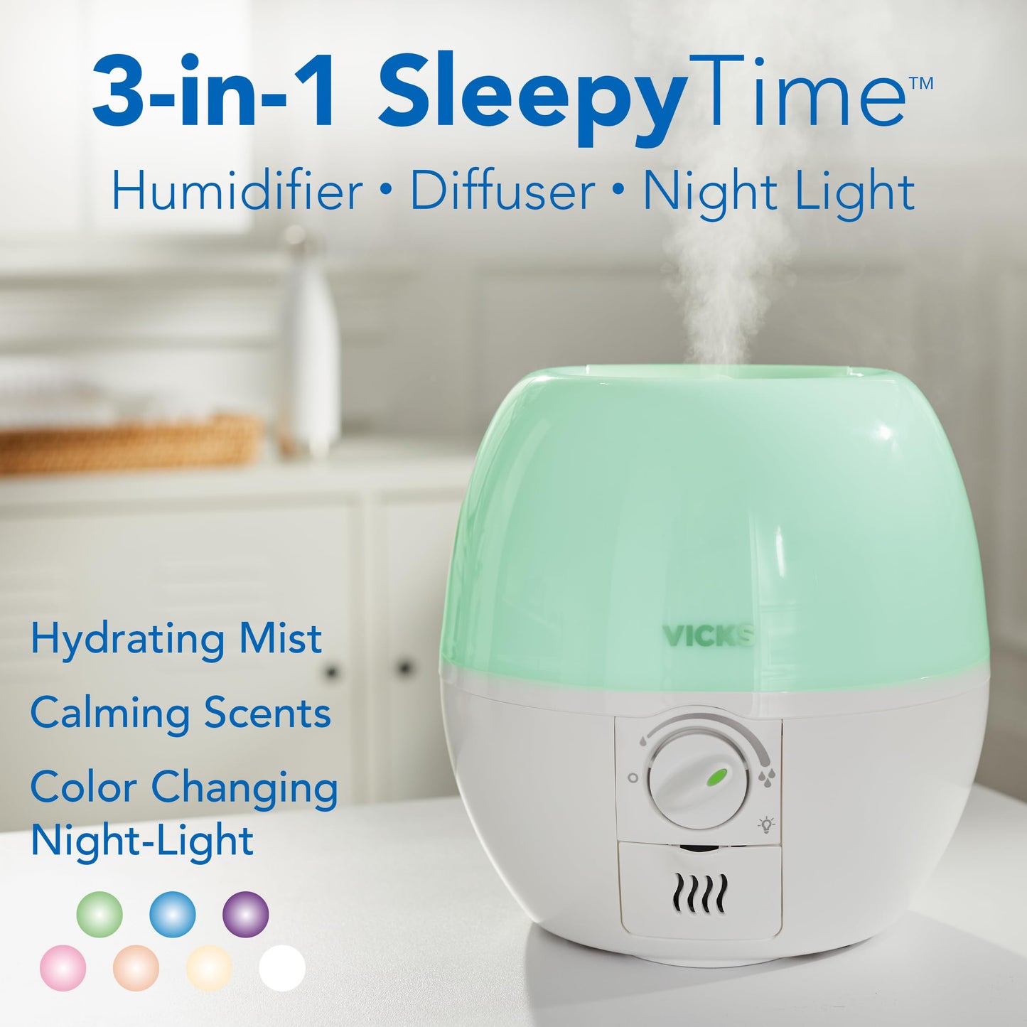 Vicks 3-in-1 SleepyTime Humidifier, No. 1 Brand Recommended by Pediatricians*. Cool Mist Humidifier with Night-Light, and Essential Oil Diffuser for Baby and Kids rooms. Visible Cool Mist, White.
