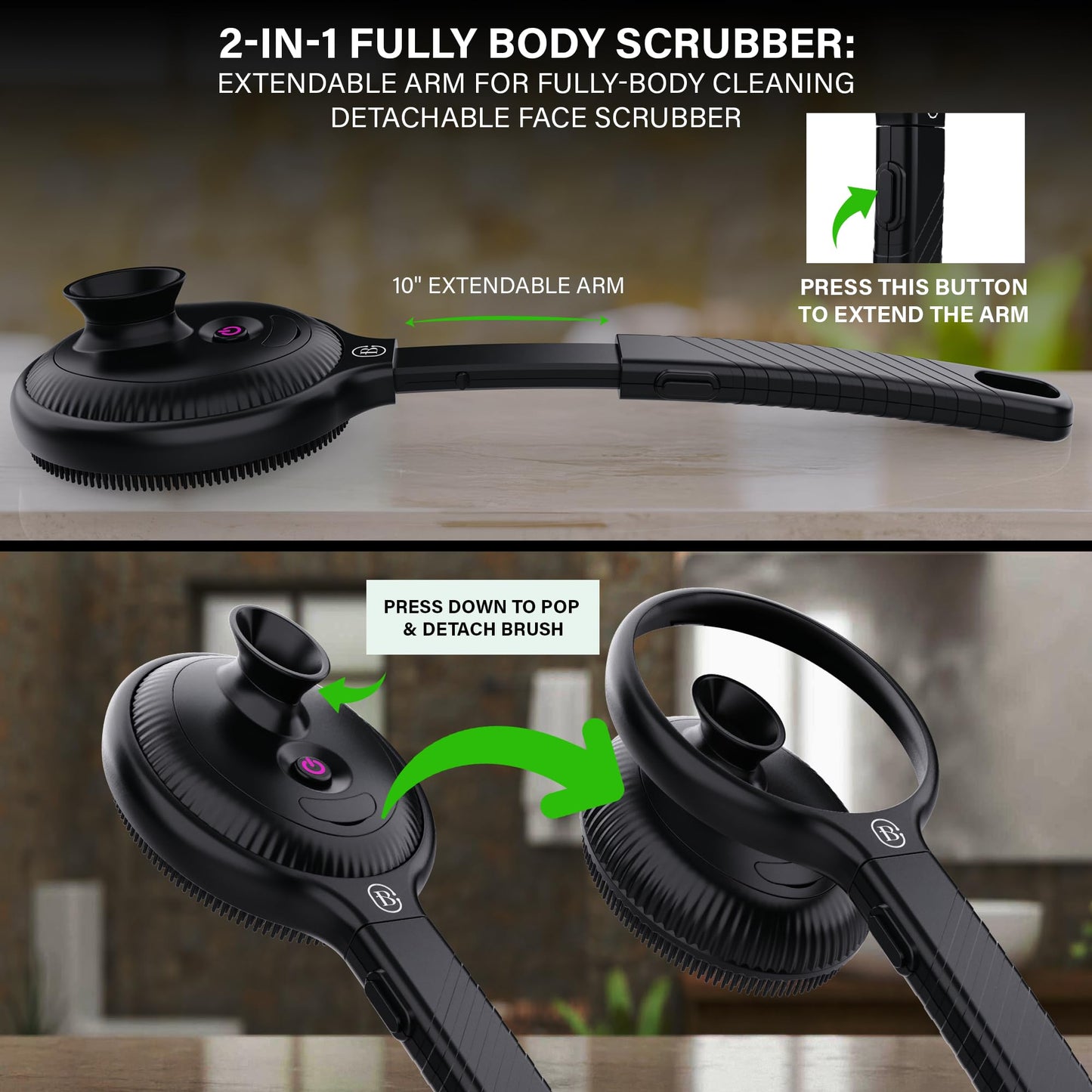 Bella Ciao Electric Shower Scrubber, Silicone Body Scrubber with 4 Vibrating Modes, Detachable Brush, and Long Handle, Waterproof Shower Body Brush, Black