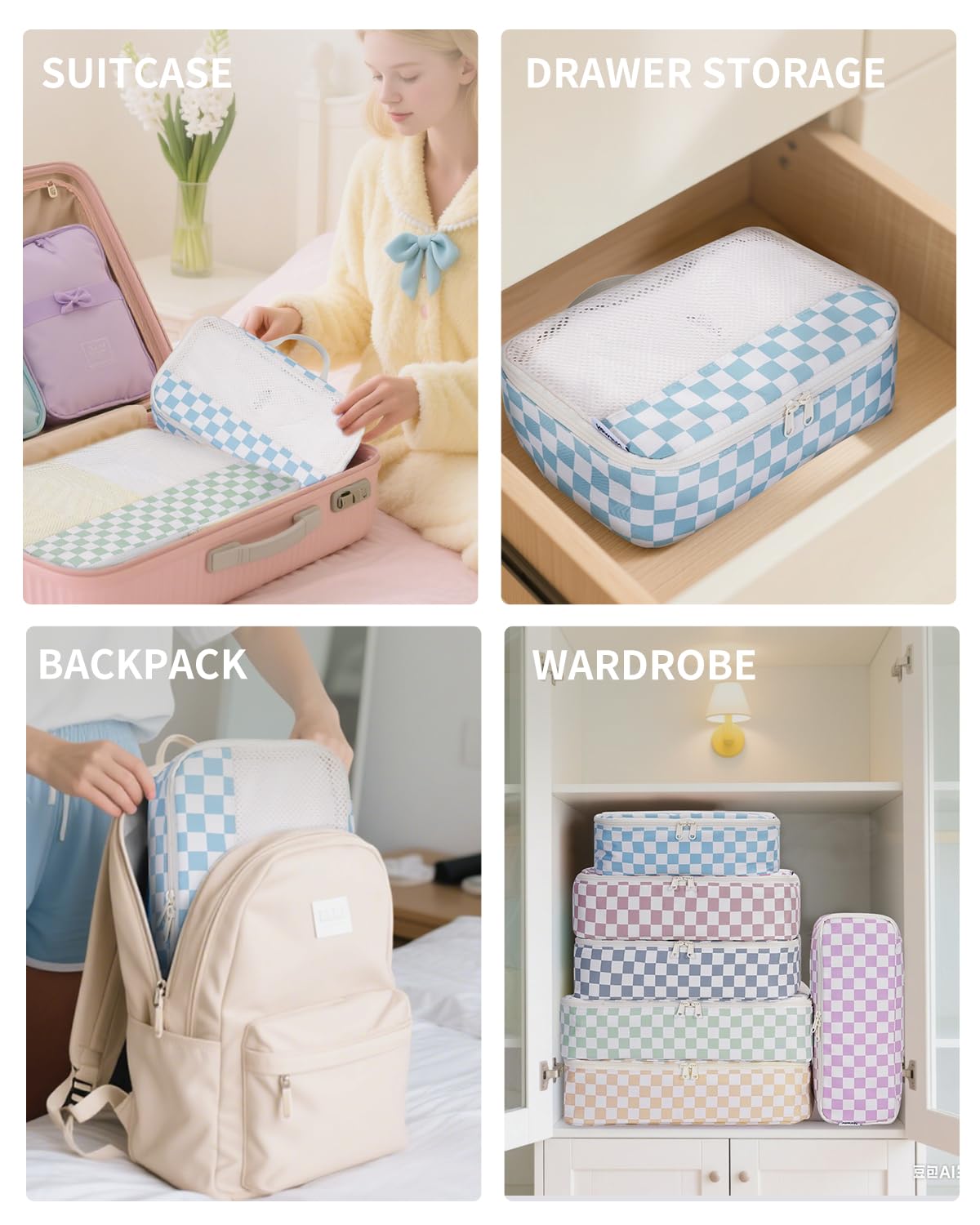 Narwey 7 Set Checkered Packing Cubes for Travel Carry on Suitcase Luggage Organizer Bags for Kids Women Men, Durable Packing Organizers Bag, Travel Essentials Accessories (Combined Checkerboard)