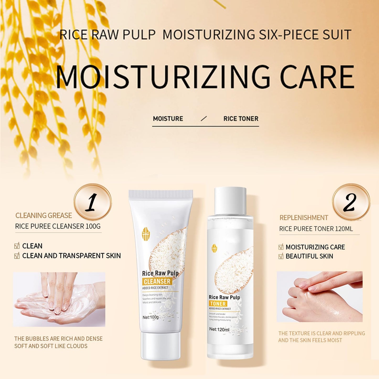 Skincare Set, Rice Raw Pulp Korean Skin Care Sets & Kits for Women Teenage Girls Gifts with Cleanser Toner Eye Cream Essence Emulsion Face Cream Gift Set for Hydrating Skin (6pcs)