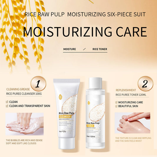 Skincare Set, Rice Raw Pulp Korean Skin Care Sets & Kits for Women Teenage Girls Gifts with Cleanser Toner Eye Cream Essence Emulsion Face Cream Gift Set for Hydrating Skin (6pcs)