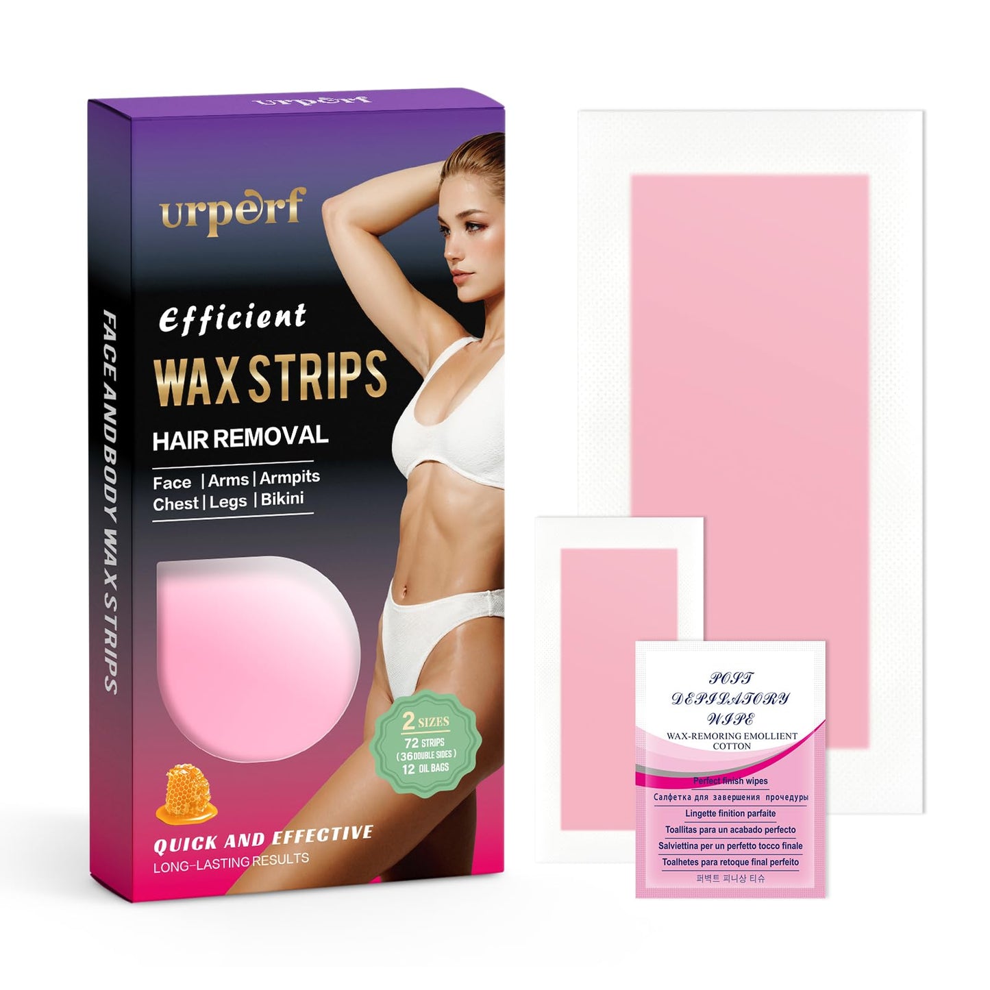 72 Count Brazilian Wax Strips for Smooth Skin, 24 Facial Wax Strips, 48 Body Wax Strips, 12 Calming Oil Wipes Women and Men Hair Removal Waxing Kit for Face, Underarms, Bikini, Legs - Red Strips