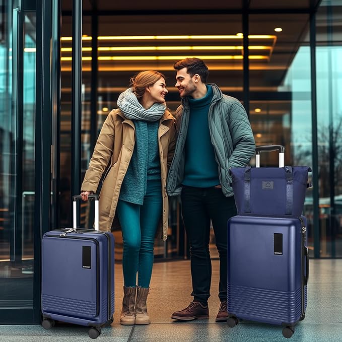 2 Piece Luggage Sets with Spinner Wheels Front Open Pocket, ABS+PC Suitcase with TSA Lock & YKK Zipper, Carry On 20/24 inch Medium +Toiletry Bag+Handbag, Deep Dark Navy Blue