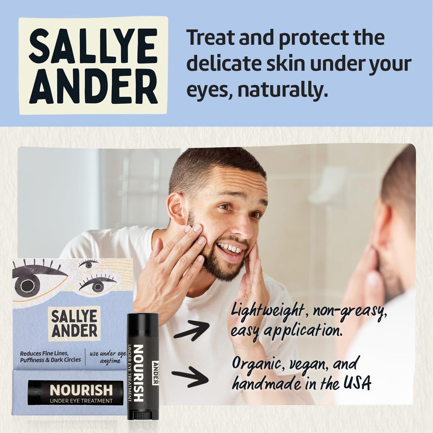 SALLYEANDER Nourish Under Eye Treatment - Soothing Stick for Dark Circles and Puffiness - Hydrating Shea, Cupuacu and Cocoa Butter - Gently Restore Tender Under Eye Skin - Handmade, Organic Balm