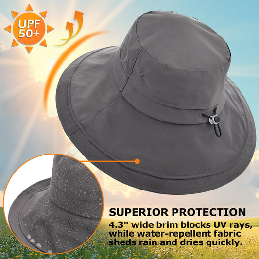 EINSKEY UPF 50+ Women's Sun Hat, Waterproof Wide Brim Bucket Hat, Ponytail Hole, Packable for Beach Hiking Fishing Gardening Dark Grey