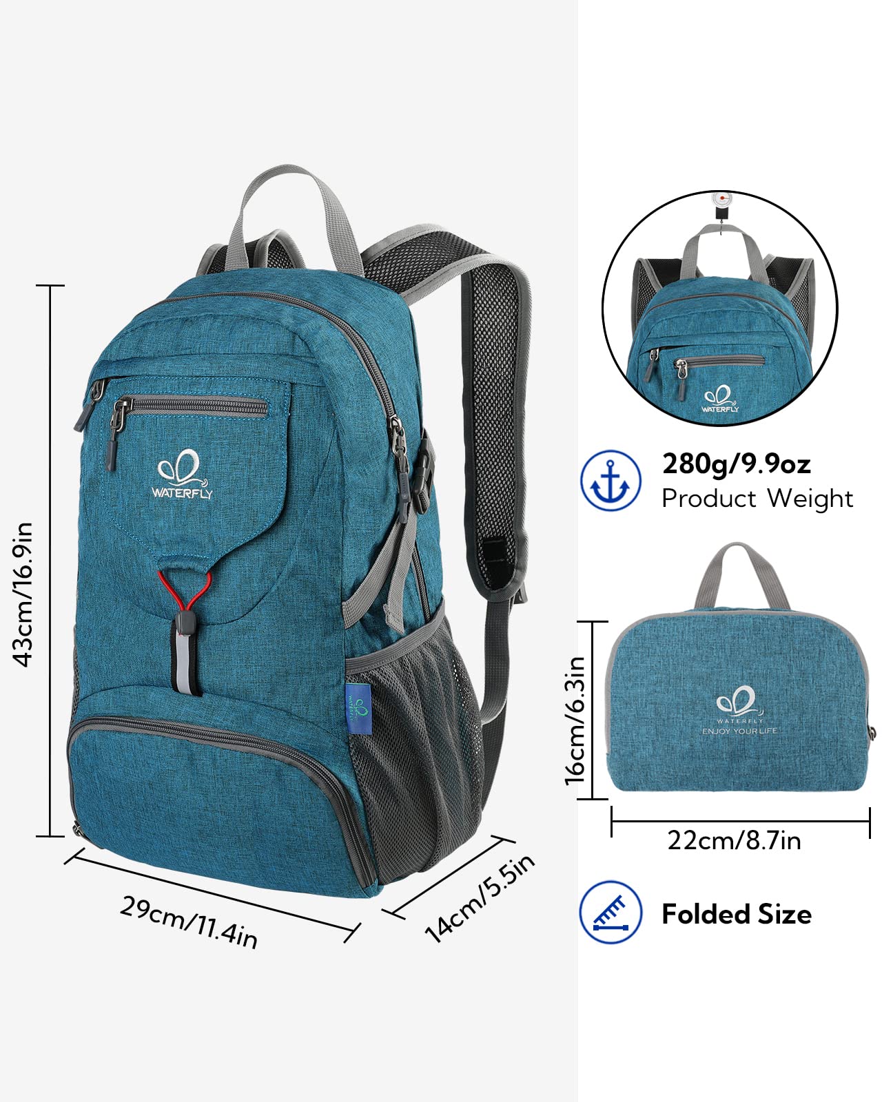 WATERFLY Small Lightweight Packable Backpack: 20l Ultra Light Foldable Travel Hiking Camping Daypack Day Pack for Man Woman