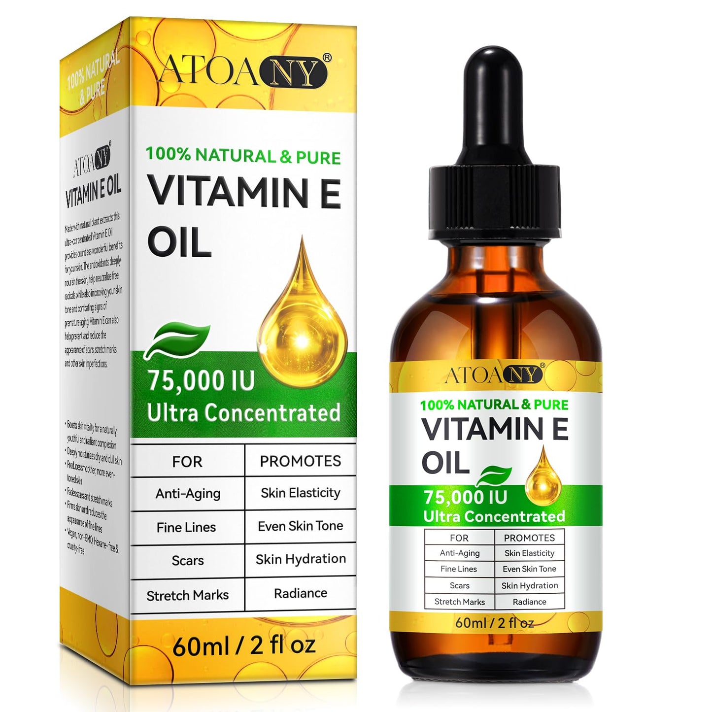 Vitamin E Oil for Skin, Scars and Face, Pure Vitamin E Oil 75,000 IU, Reduce Scars, Fine Lines, Moisturize and Radiant Skin for Whole Body, 2 Fl Oz