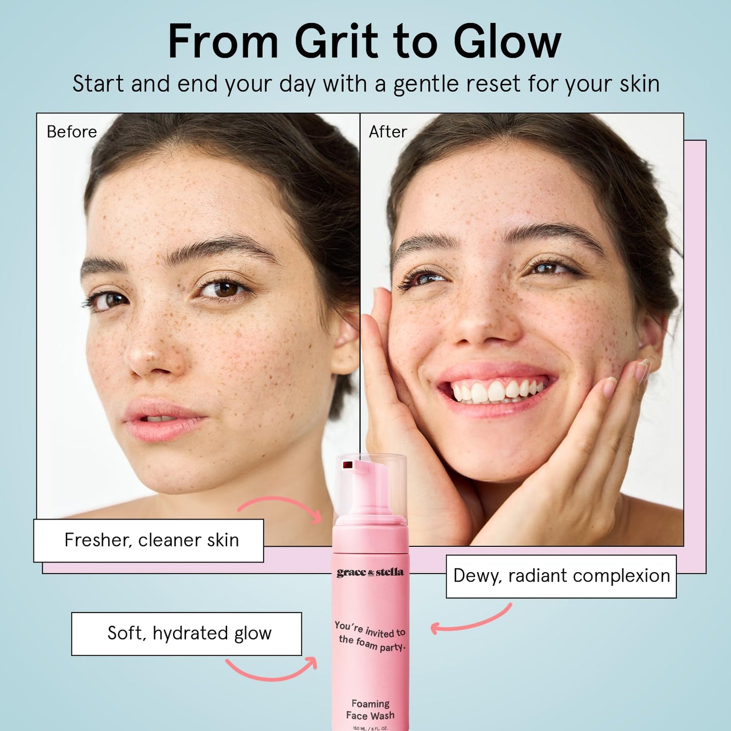 grace & stella Award Winning Travel Face Wash (60ml) Hydrating & Gentle Foaming Facial Cleanser with Hyaluronic Acid, Rose Water, Aloe Vera - Moisturizing Cleansing Foam for Normal to Very Dry Skin