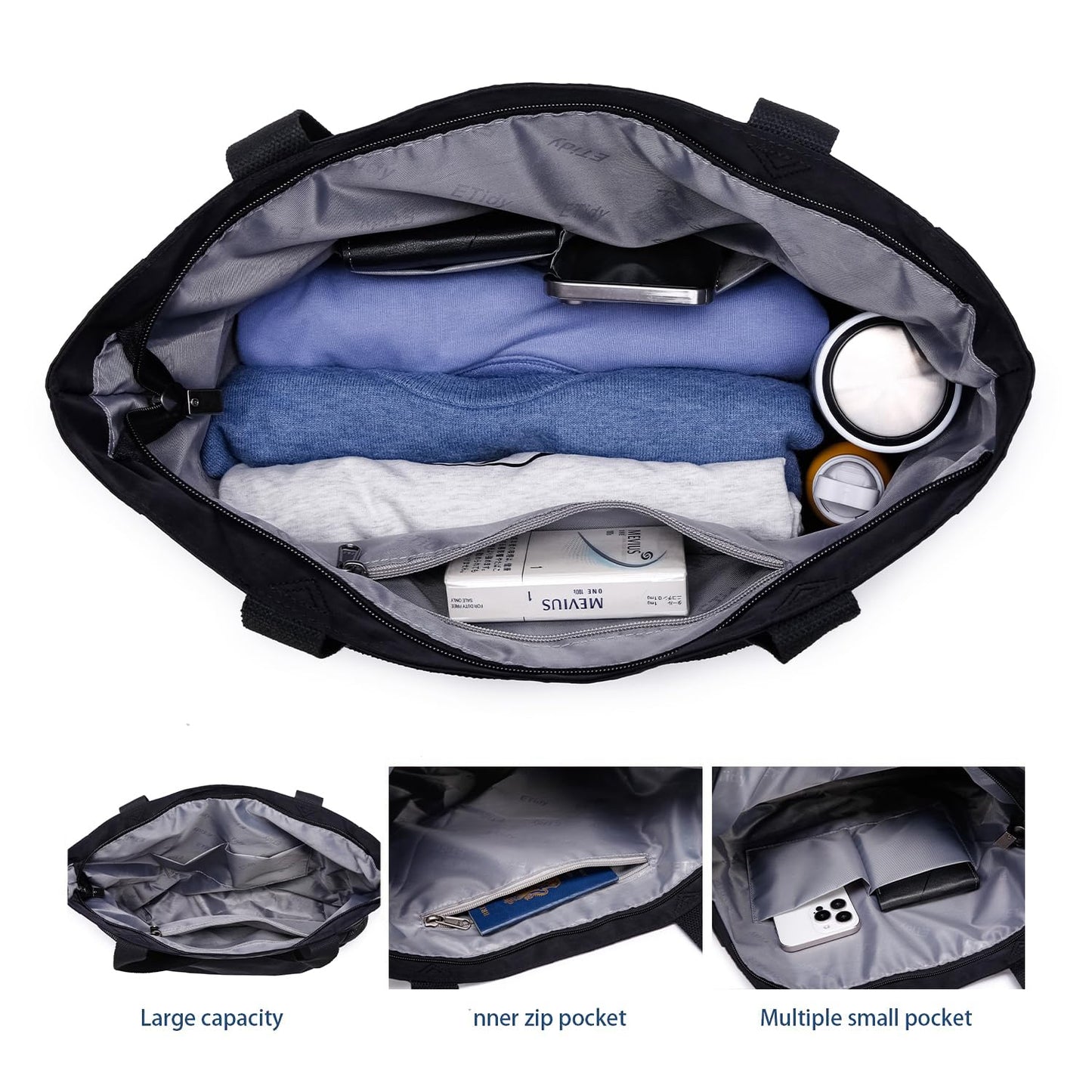 ETidy Large Capacity Foldable Tote Bag With Zipper Water-resistant Sandproof Women Beach Bag Handbag Gym Bag Travel Shopping Bag(Black)