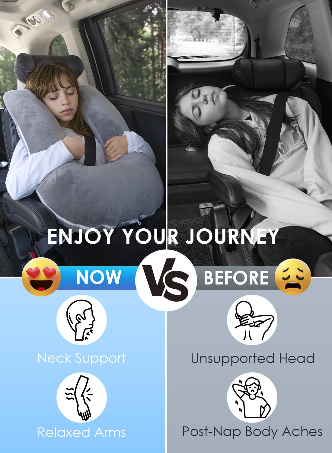 QUEEN ROSE Travel Pillow for Car Sleeping, Adjustable Length, Neck Support Pillow for Road Trips, for Adults & Kids, Soft Velvet, Grey