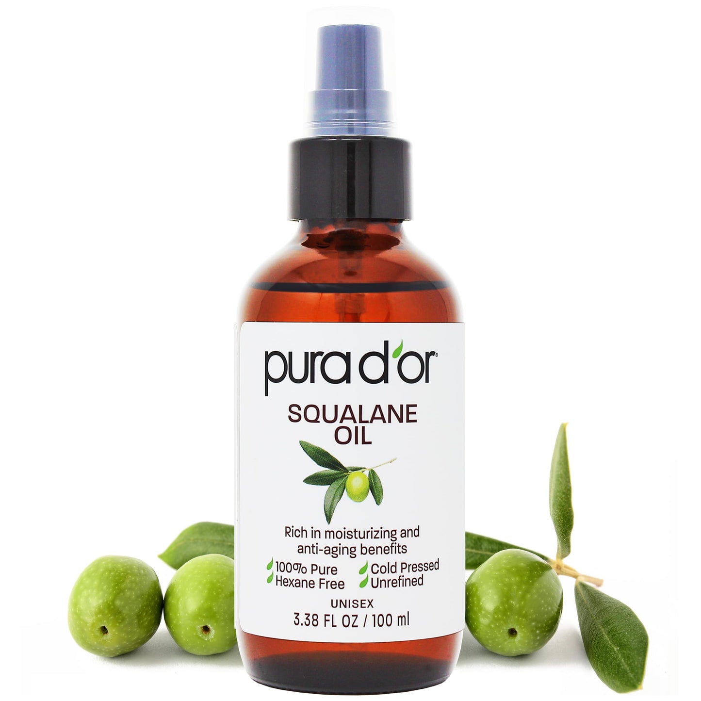 PURA D'OR 3.38 Oz Squalane Oil - Non-GMO 100% Pure & Natural - Moisturizer For Face, Hair And Body - Vegan, Cruelty-Free with Anti-Aging Benefits - Men & Women - Travel Size