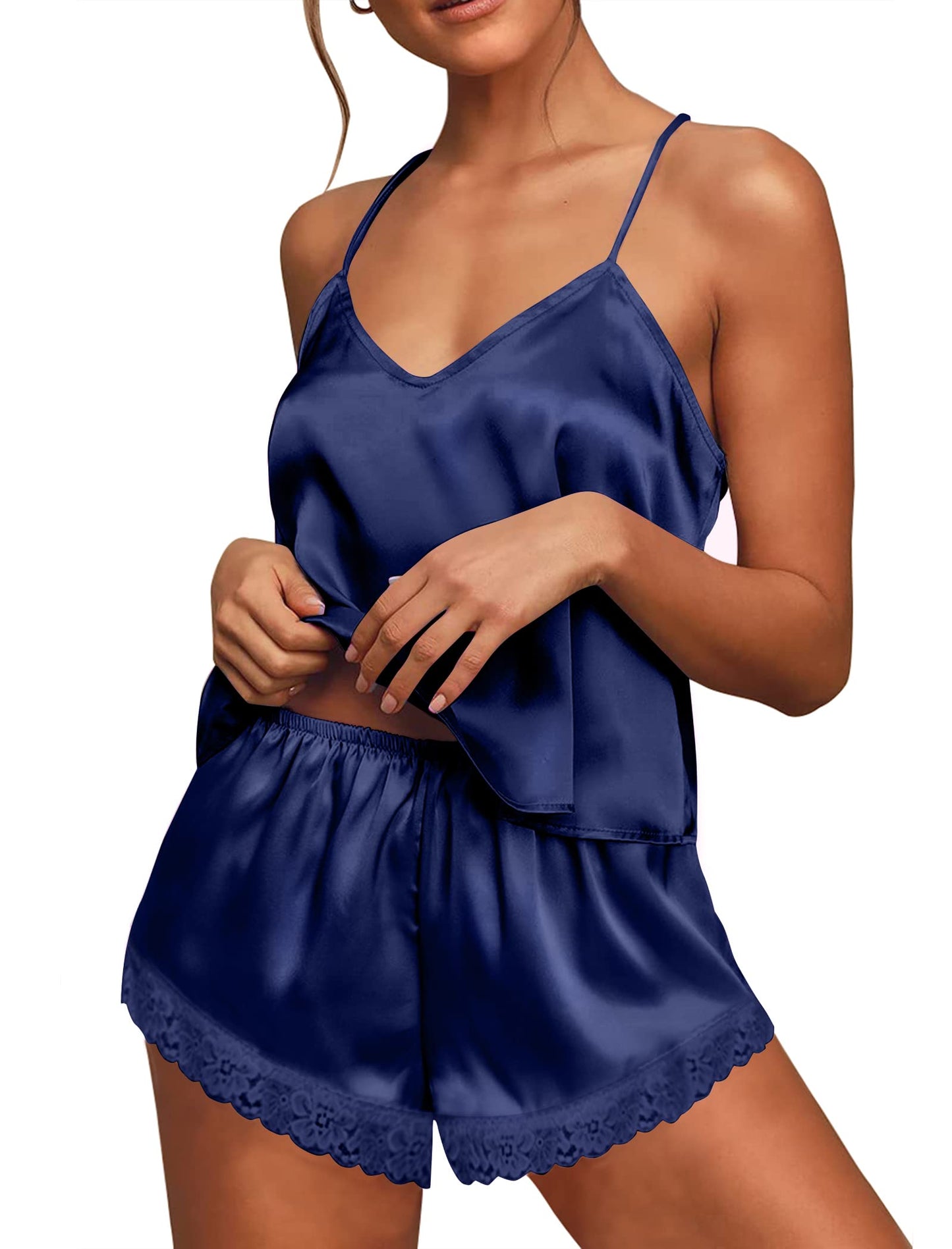 Ekouaer Satin Pajamas Women Lace Sleepwear Lingerie Cami Shorts Set Nightwear XS-XXL Blue