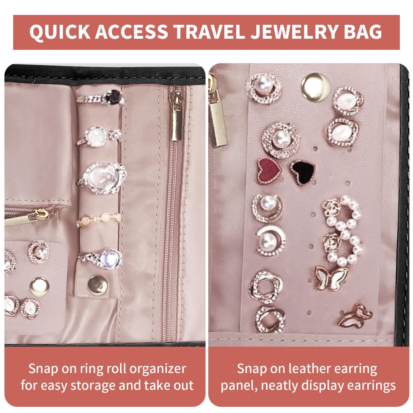 SUNRISING Travel Jewelry Organizer Case for Women, Foldable Jewelry Roll Pouch Bag with Portable Design for Journey Rings, Necklaces, Earrings, Bracelets, Mini - Black