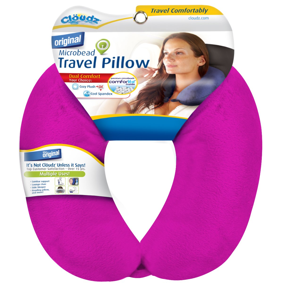 Cloudz Dual Comfort Microbead Airplane Travel Neck Pillow. Soft Cozy Plush Fabric on One Side, Cool Relaxing Spandex on The Other! Customize Your Comfort and Support at Home or On The Go! Bright Pink