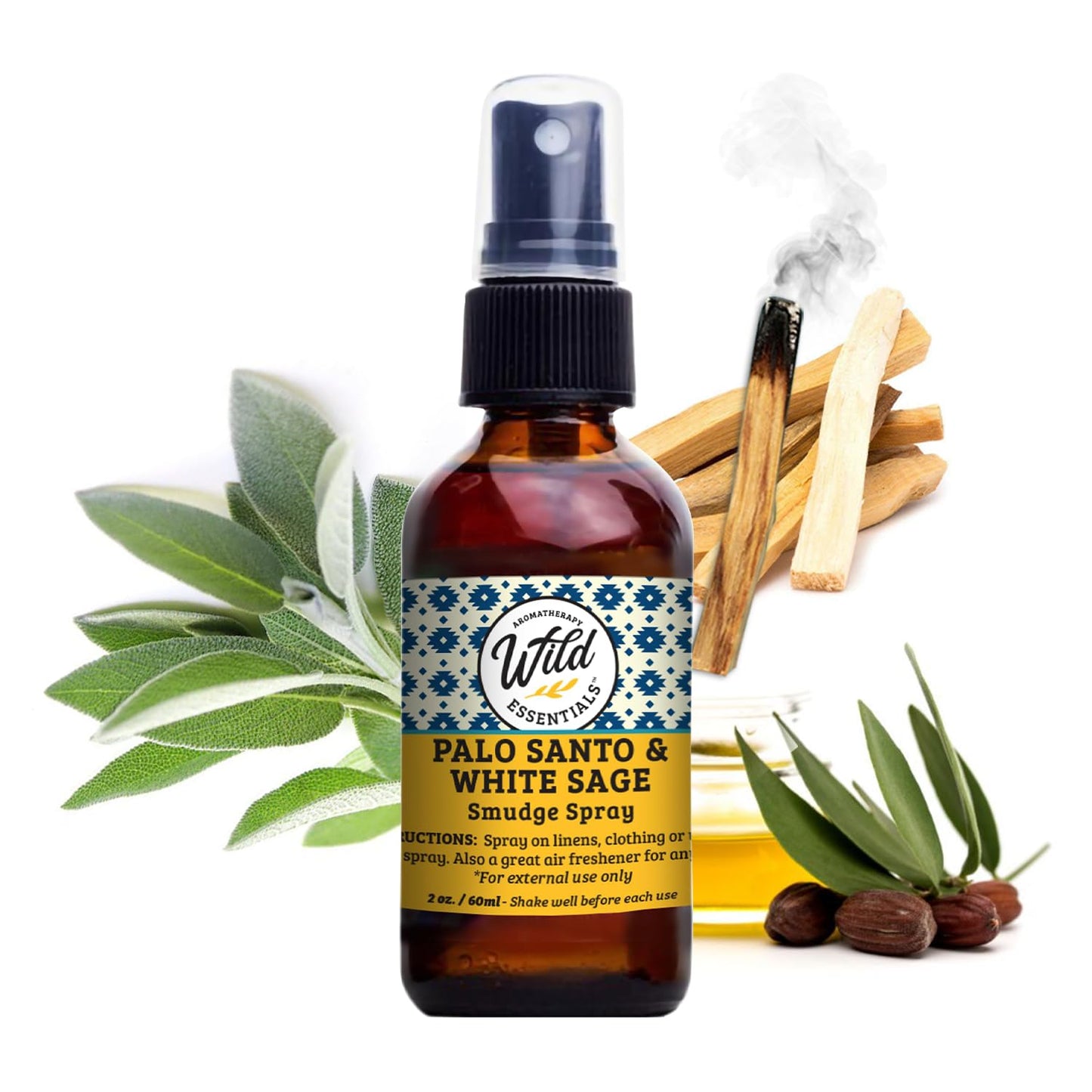 Wild Essentials Smudge All Natural Spray, 2 Ounce, 60ml, Cleansing, Purifying, Calming Blend Made with 100% White Sage and Palo Santo Essential Oils and Organic Witch Hazel, Aromatherapy, Made in USA