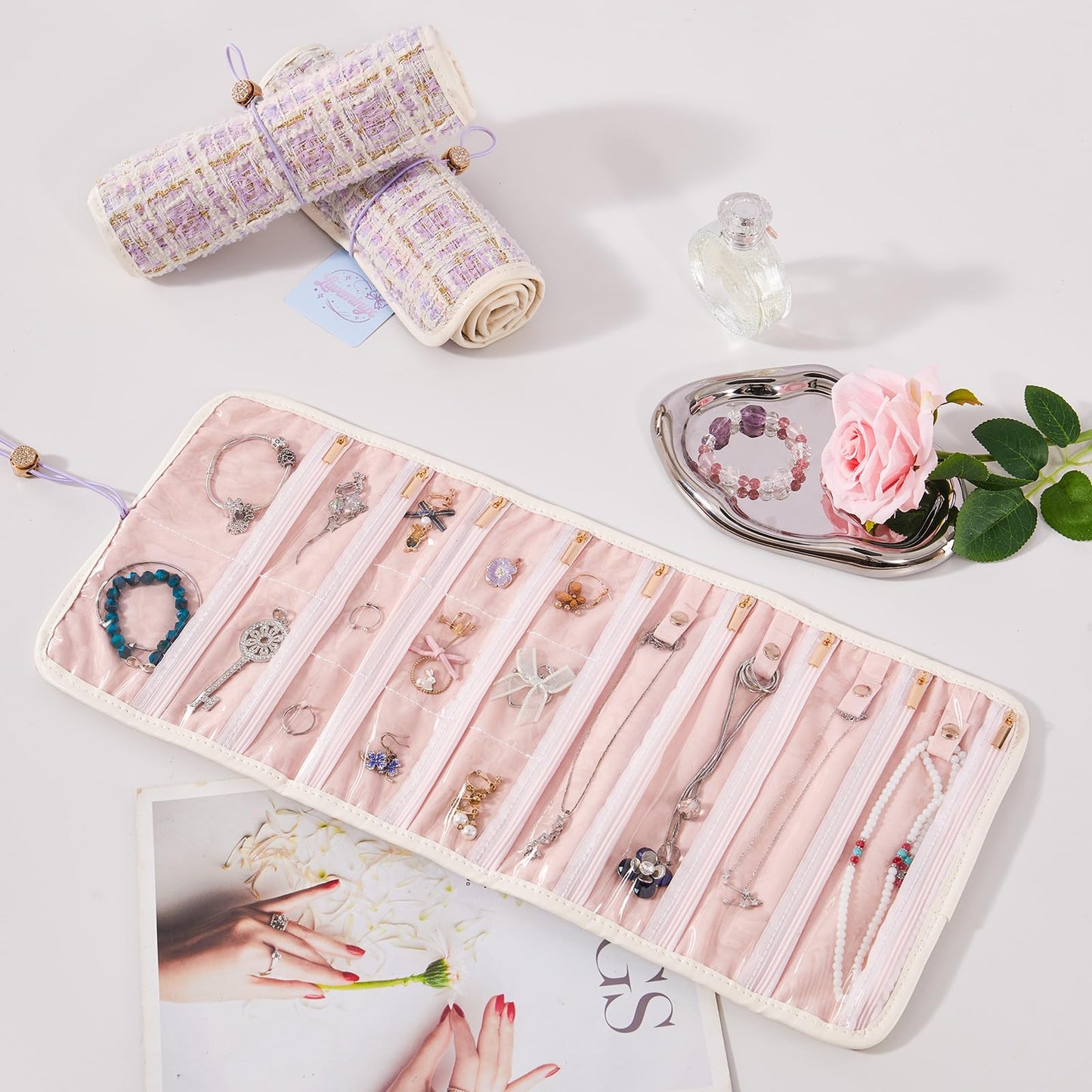 Travel Jewelry Organizer Roll with Zippered Pockets | Tangle-Free Portable Jewelry Storage Case for Women | Holder for Necklaces, Earrings, Rings, Bracelets