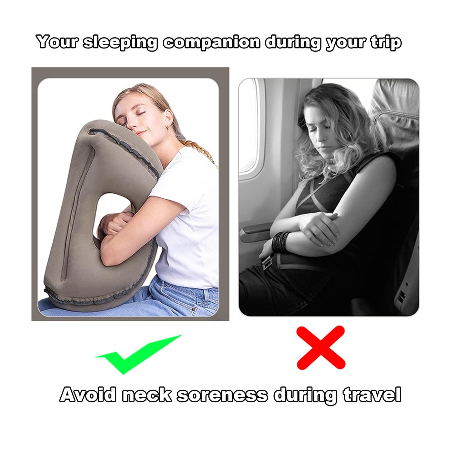 Inflatable Travel Pillow | Airplane Neck Pillow & Portable Inflatable Neck Support - Multifunctional for Flights, Cars, Office Use, with Eye Mask & Earplugs (Grey)