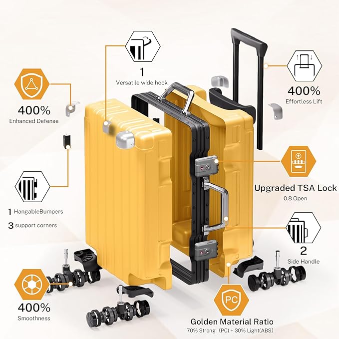 Krute Carry On Luggage 20 inch Aluminum Frame Suitcase with Spinner Wheels No Zipper Hardshell PC+ABS Luggages TSA Lock Zipperless Suitcases