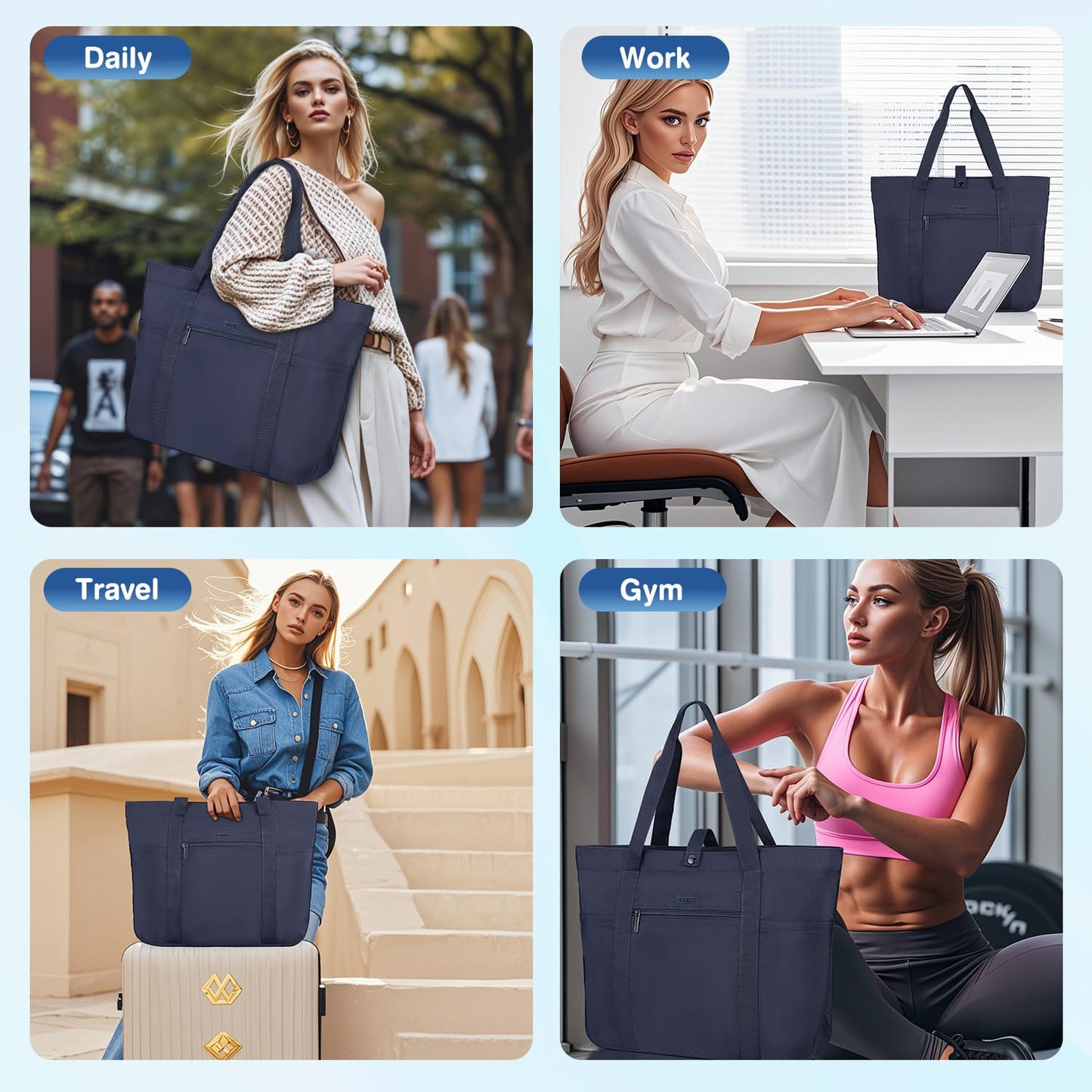 Voova Tote Bag for Women, Large Capacity Tote Bag with Zipper, Foldable Shoulder Bag Handbag for Work,Travel,Shopping,Beach, Navy Blue