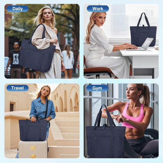 Voova Tote Bag for Women, Large Capacity Tote Bag with Zipper, Foldable Shoulder Bag Handbag for Work,Travel,Shopping,Beach, Navy Blue