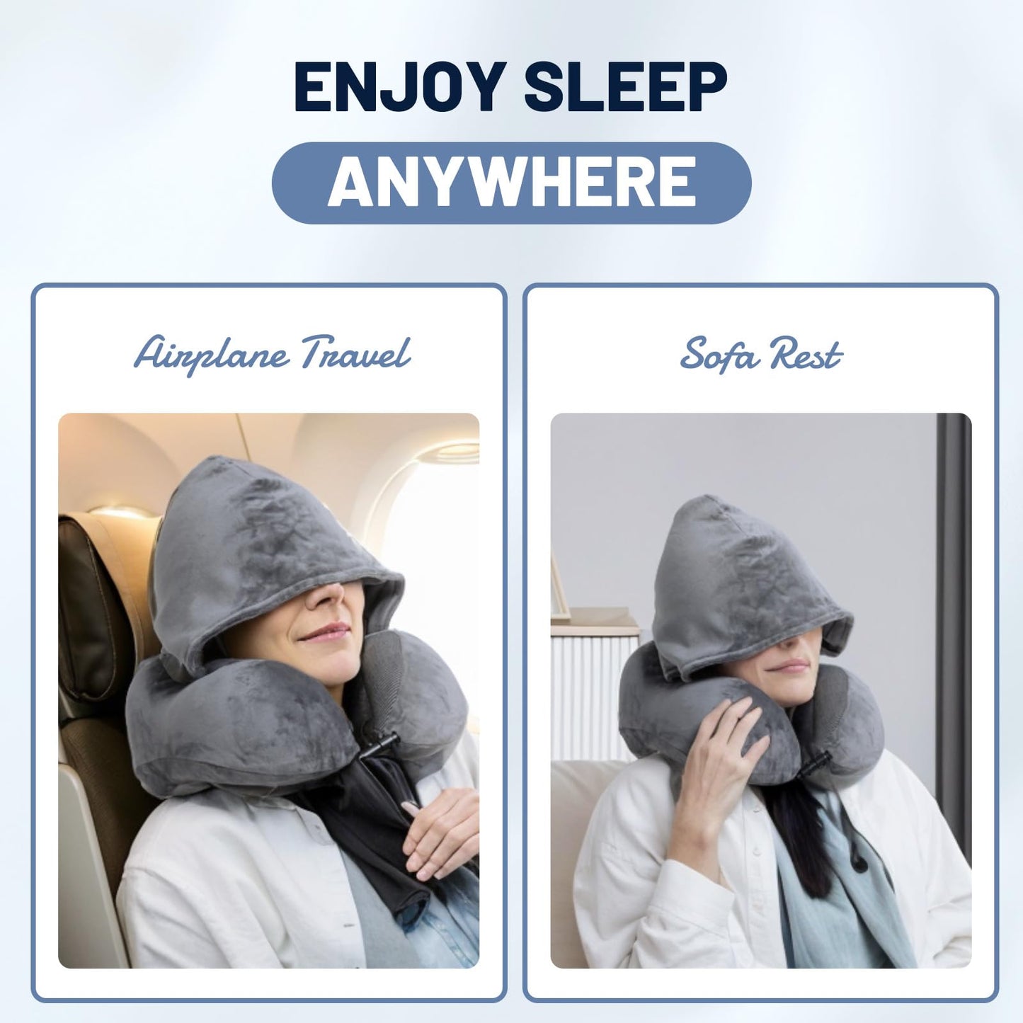 JSELF Travel Pillow with Hood, Neck Pillow for Airplane, Hooded Neck Pillow for Travel, Long Flight, Car, Plane, Office, Sleeping, 100% Pure Memory Foam Head Chin Support Airplane Pillow - Gray