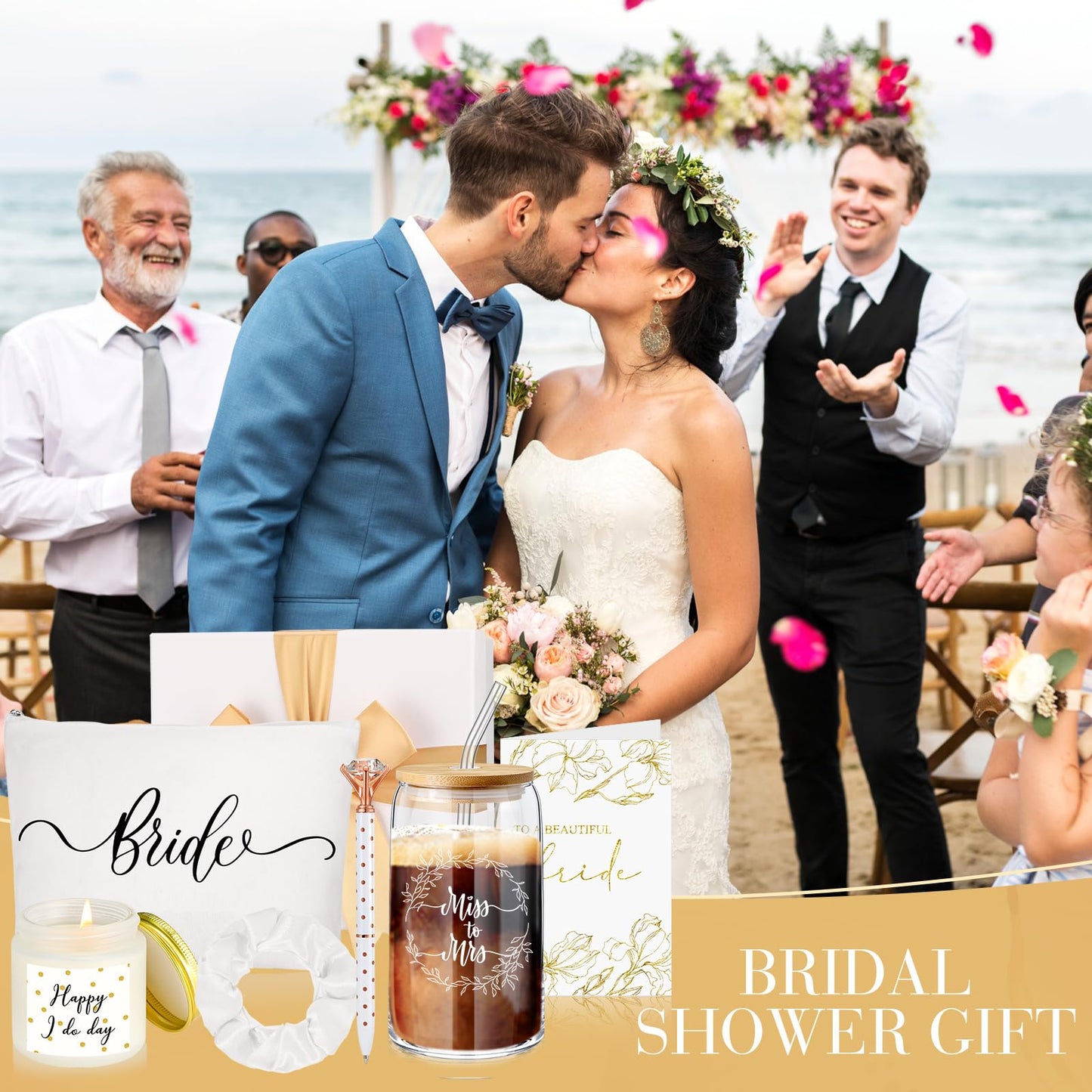 7 Pcs Bride Gifts Bridal Shower Gift Including Mrs Can Shaped Drinking Glass with Straw Bride Makeup Bag Crystal Pen Scented Candle Scrunchies Raffia Wedding Card Gift Box for Bridal Shower (White)