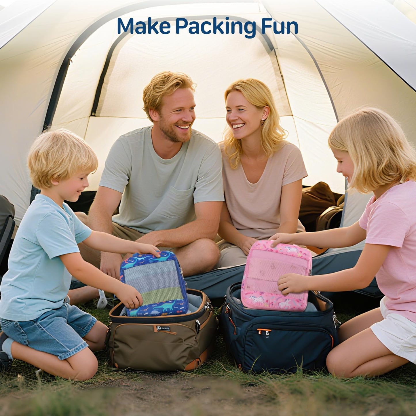 BrainyBees Kids Packing Cubes Compression - 4 Set Suitcase Organizers Bags for Travel and Backpack Luggage Organizer Set with Shoe Bag for Boys (Blue Dinosaur)