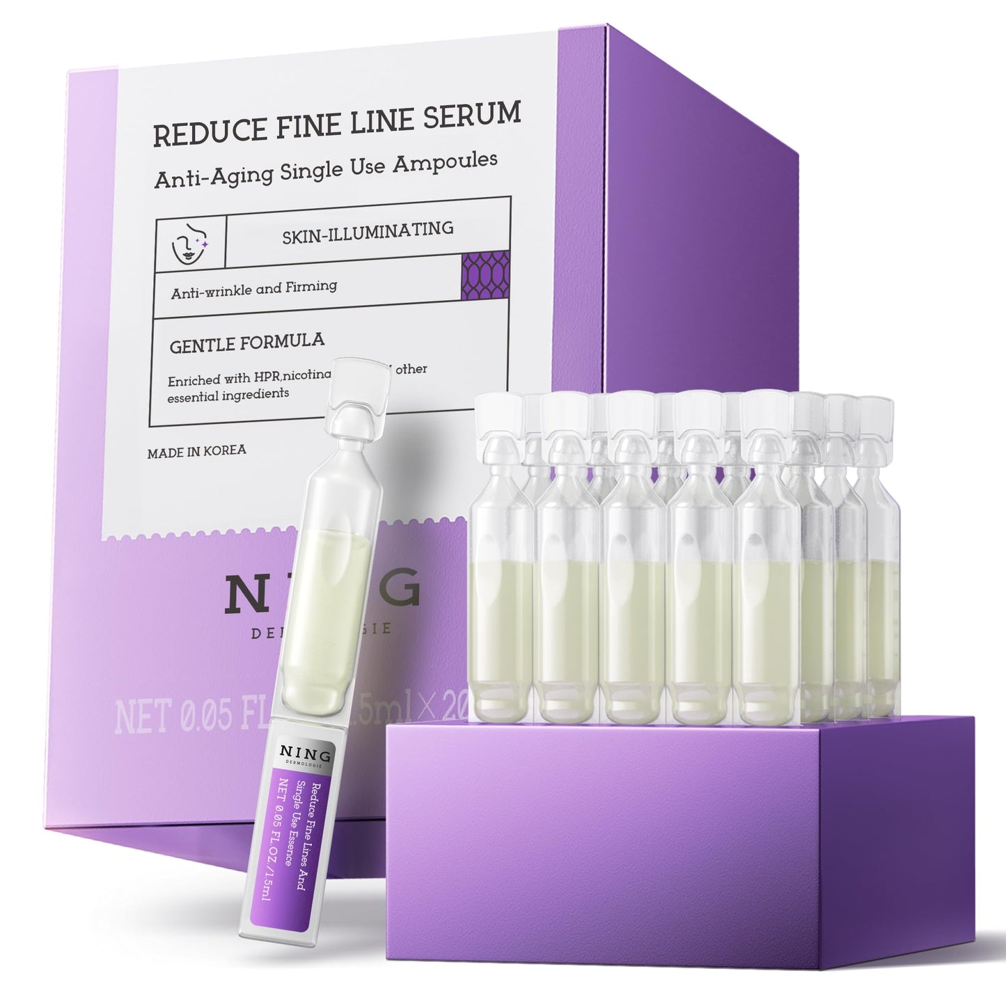 NING DERMOLOGIE Peptides Serum for Face with Retinol, Niacinamide, Panthenol, VC-IP - Anti-Aging Ampoules for Wrinkles Dark Spot&Reduce Fine Line - Single-Use Vials|Korean Skin Care 0.05 fl.oz x 20ex
