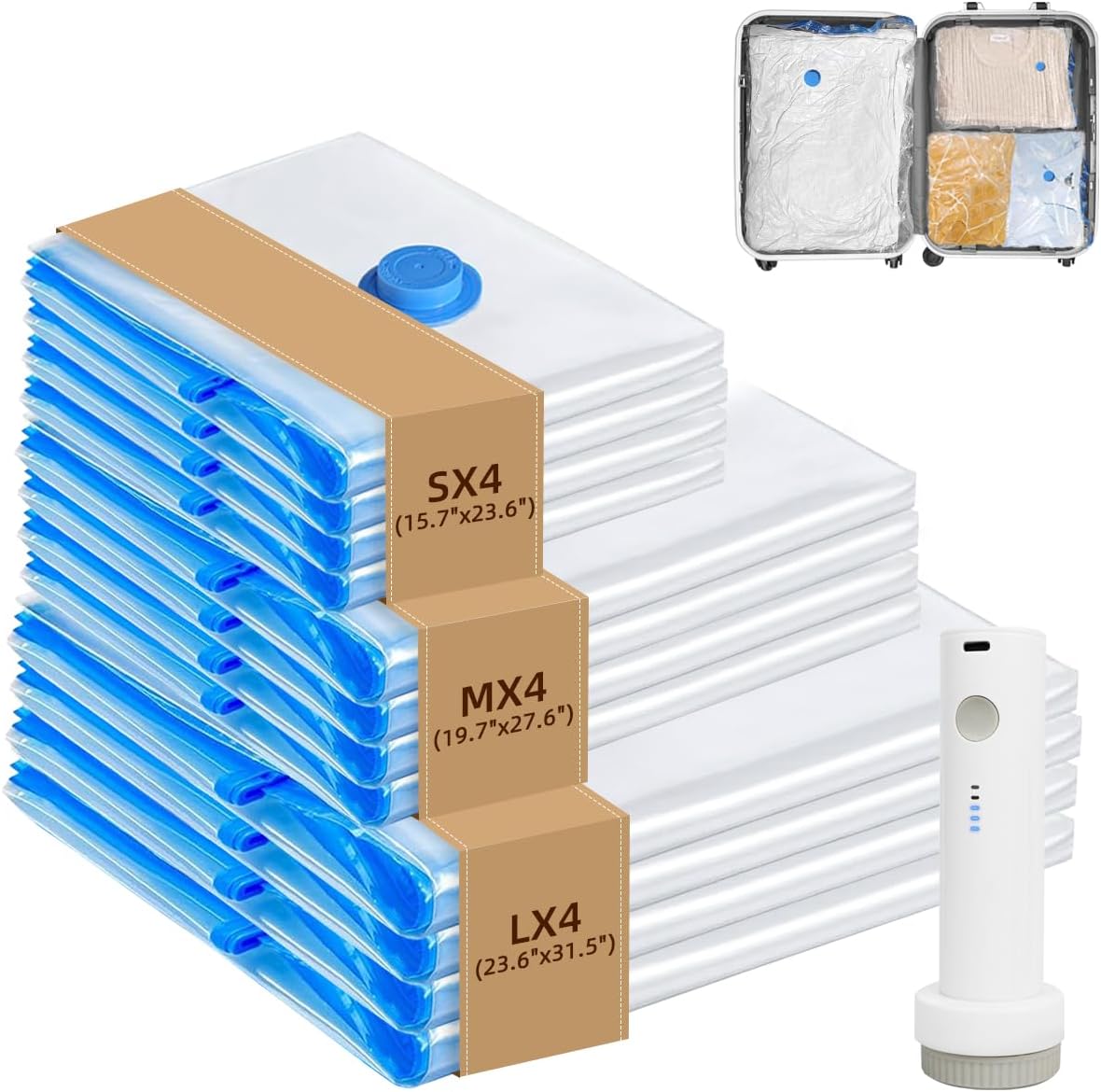 Vacuum Seal Bags with Portable Electric Pump, 12 Pack Vacuum Storage Bags for Clothing Travel, Compression Packing Space Saver Bags for Luggage Suitcase (4 Small & 4 Medium & 4 Large)